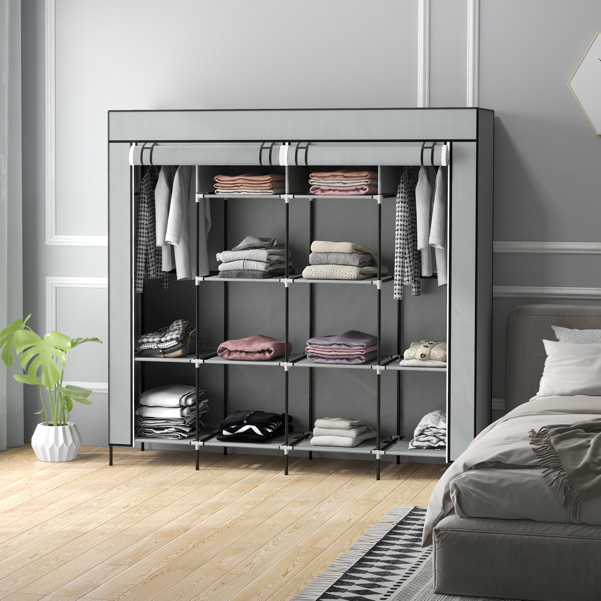 Kleiderschrank Stoffschrank, Türen, 2 Kleiderstangen, 10 Fächer, Grau