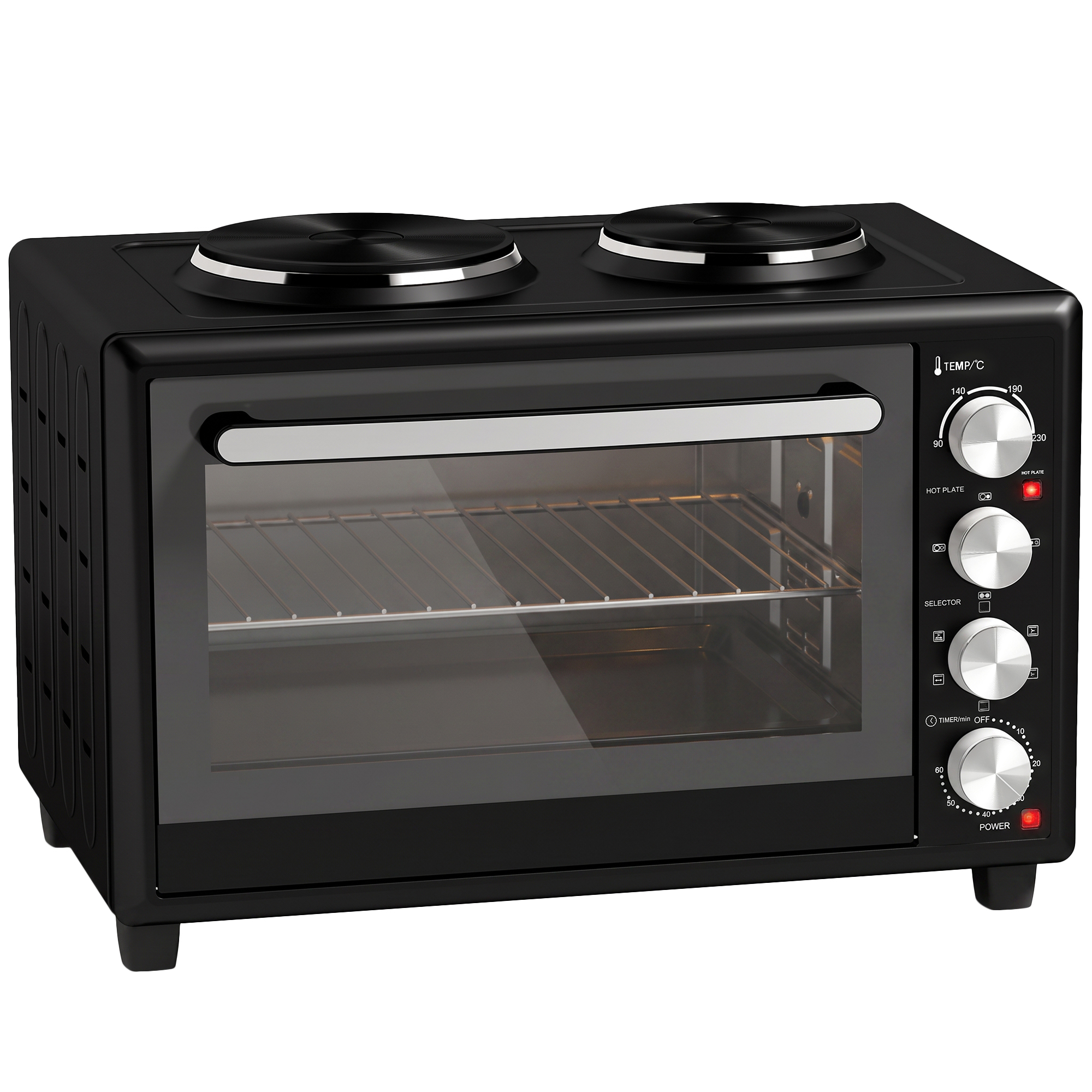 36L Mini-Backofen mit 2 Kochplatten, elektrischer Tischbackofen mit Umluft, 90–230 °C