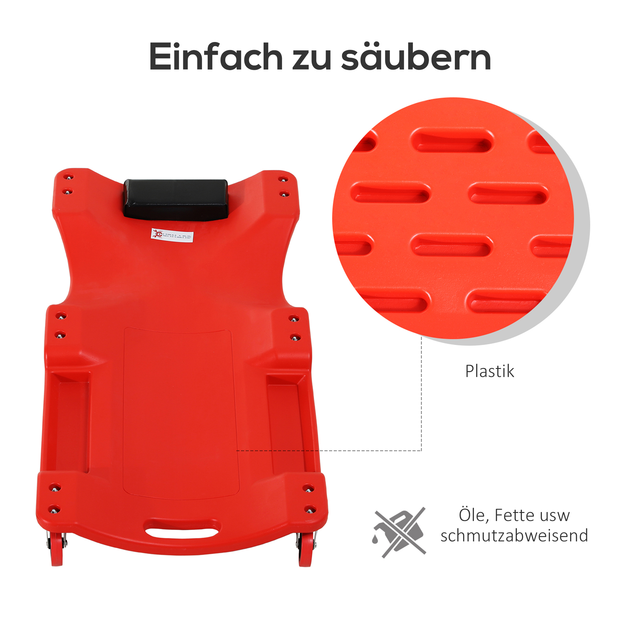 Montage-Rollbrett, Kopfstütze, Werkzeugablage, ölbeständig, bis 120 kg, 100x48x12 cm, Rot