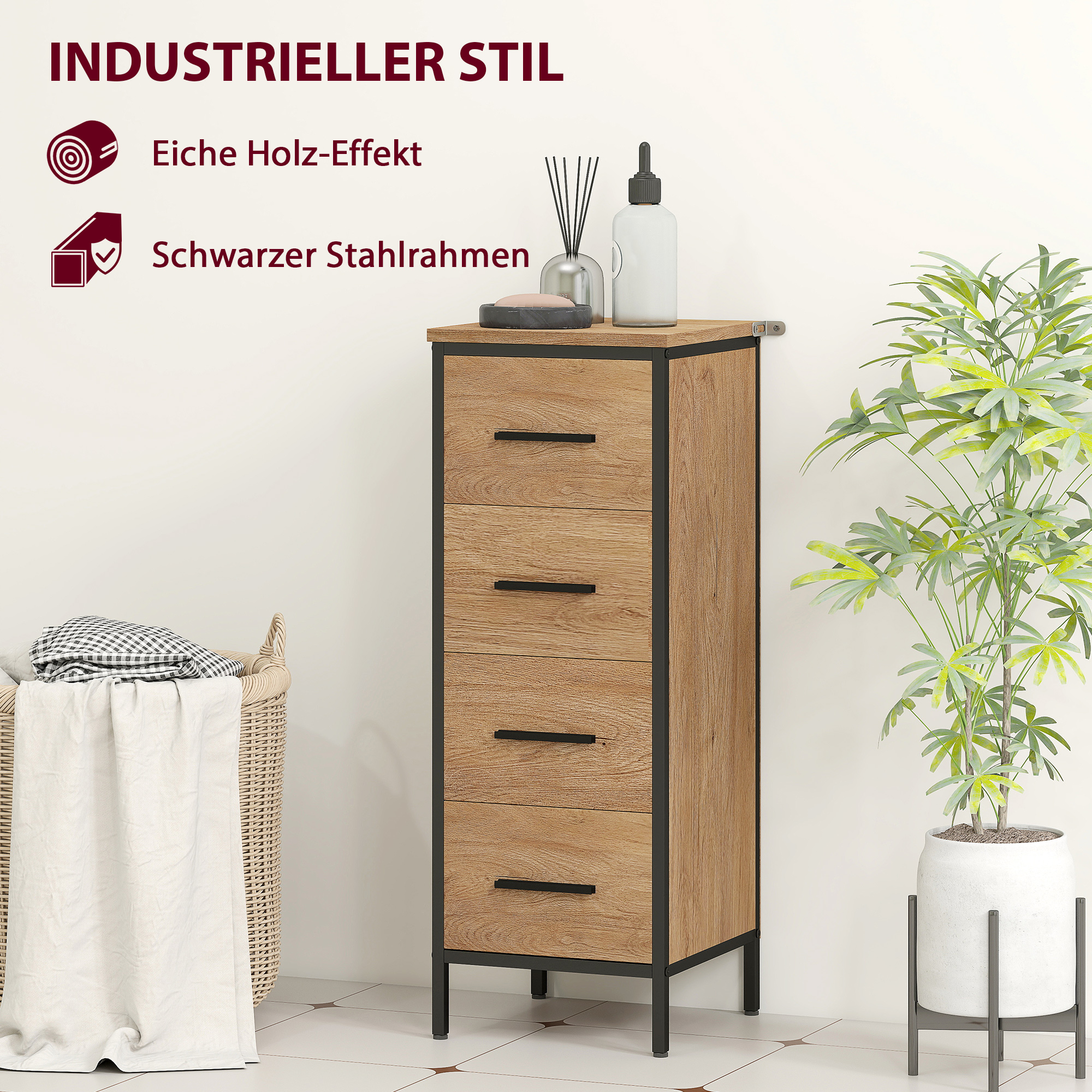 Badezimmerschrank, 4 Schubladen, kompakt, Industrie-Stil, Spanplatten, Metall
