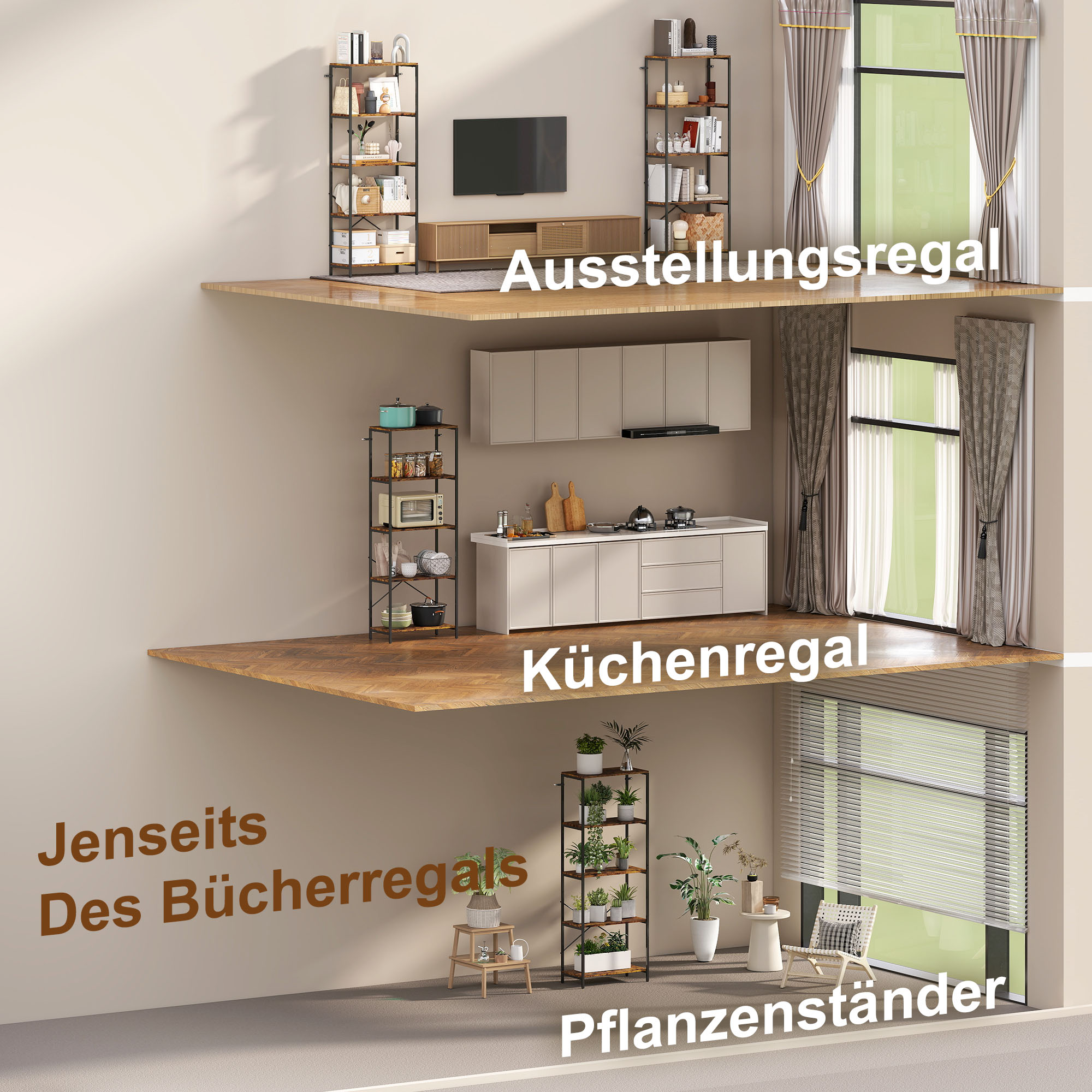 Bücherregal, 5 Ebenen, Metall, Melaminoberfläche, Braun