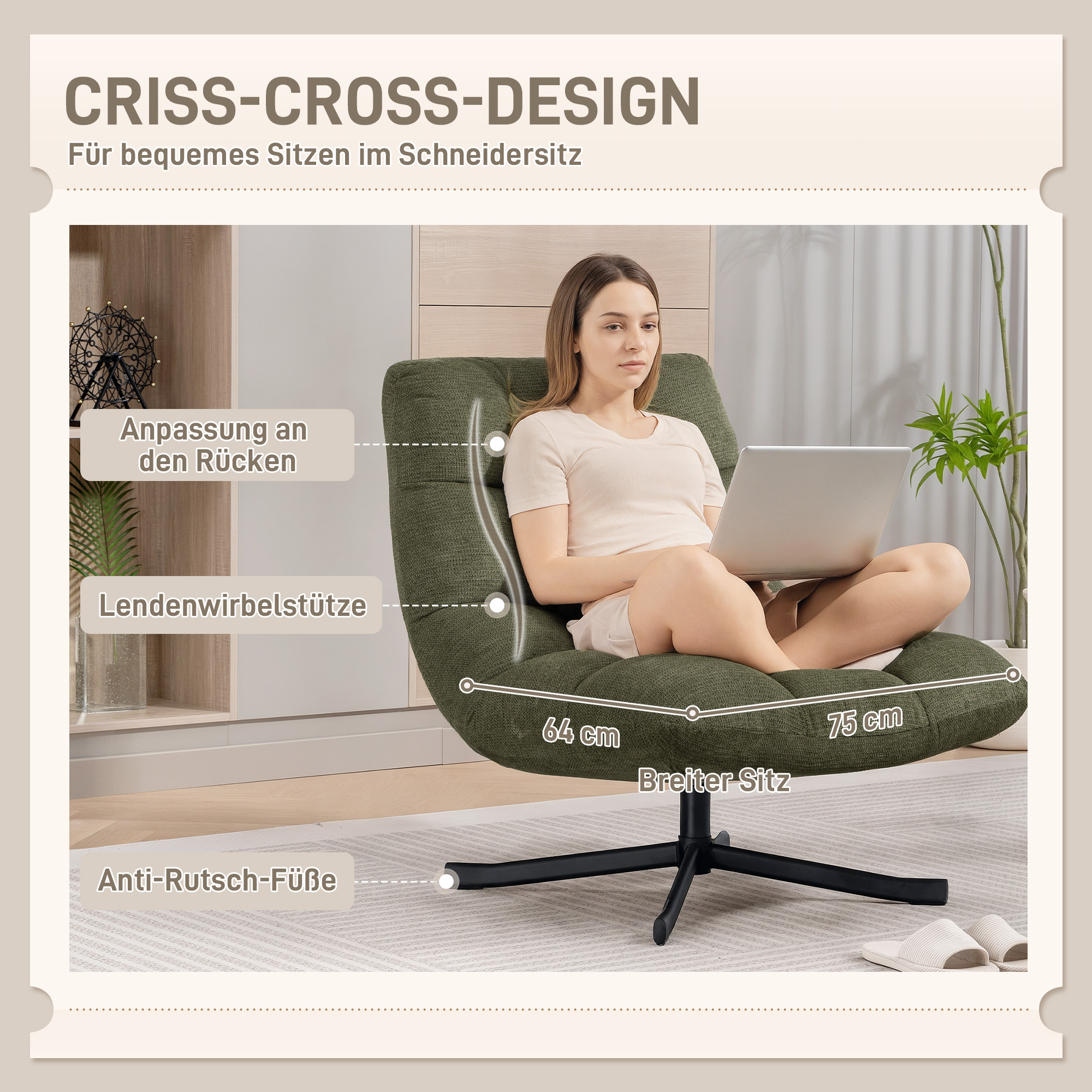 Sessel Drehbar Loungesessel mit Breiter Sitzfläche, wasserabweisend Chenille-Optik, gekreuzt Stahlbeine, Grün