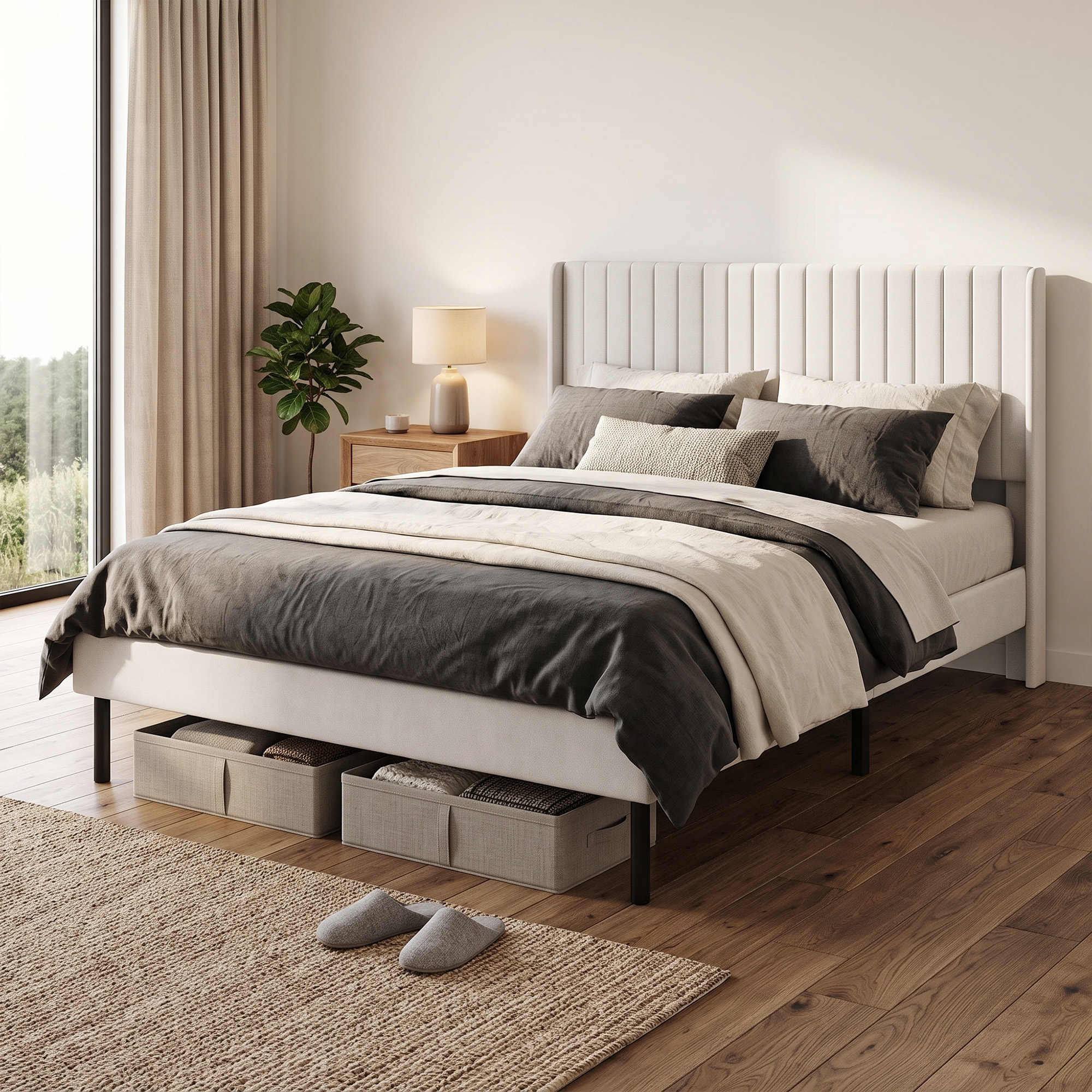 Bettgestell 140 x 200 cm mit verstellbarem Kopfteil, Polsterbett mit 12 Latten, Beige