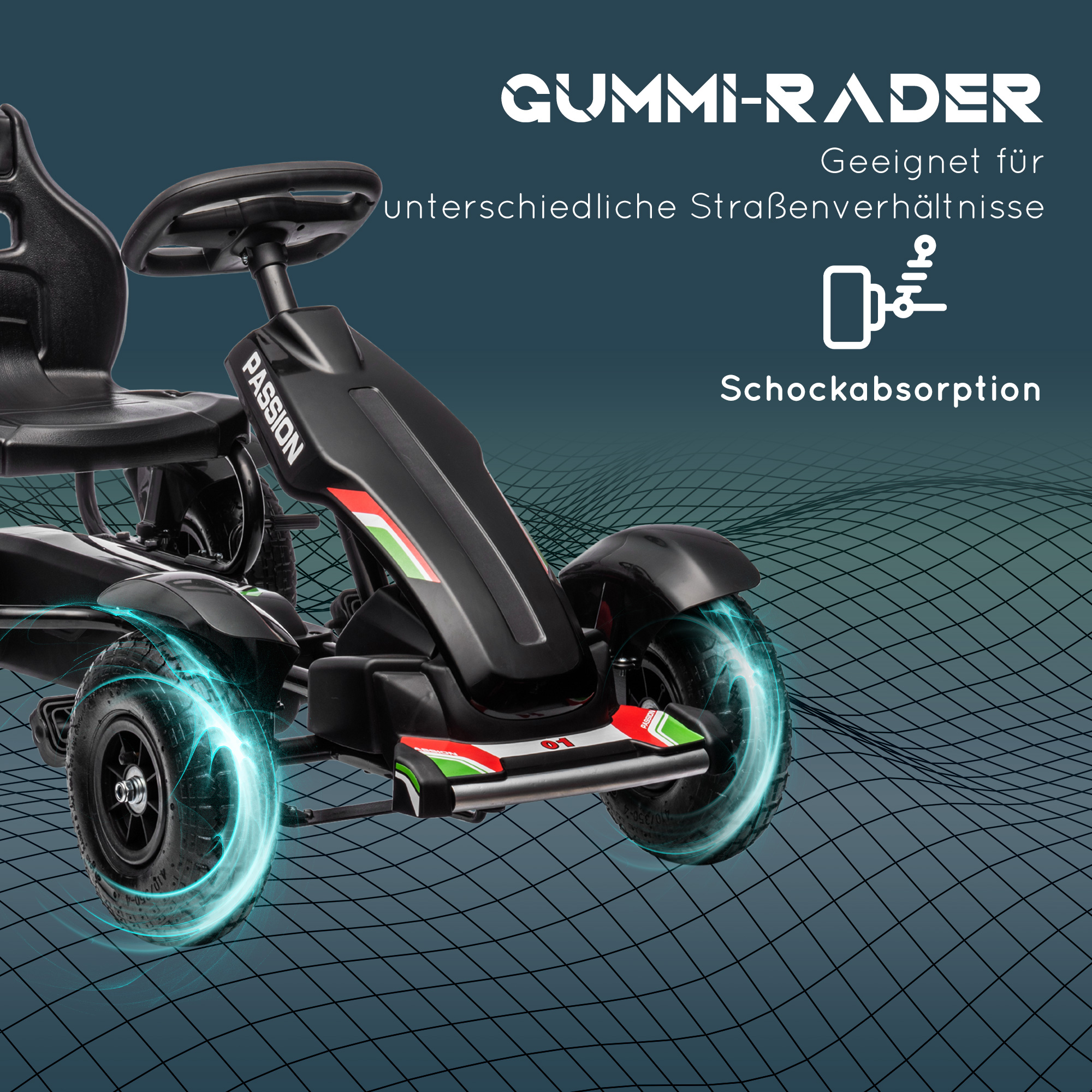 Kinder-Gokart, verstellbarer Sitz, Handbremse, ab 5 Jahren, 121 x 58 x 61 cm, Schwarz