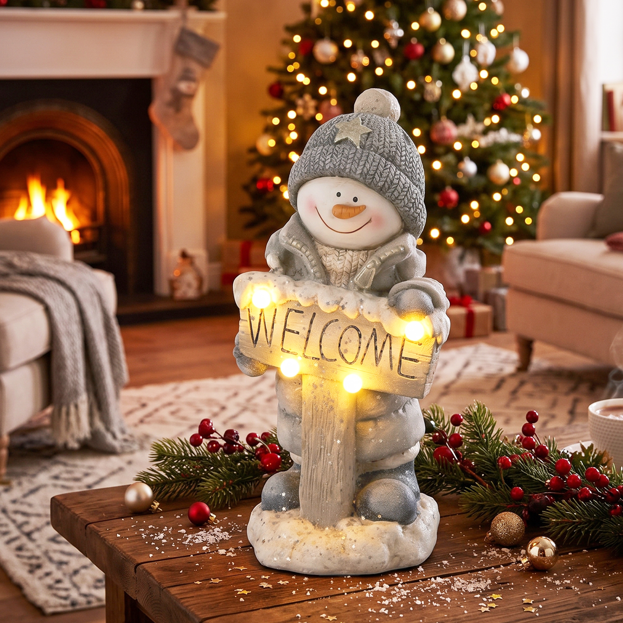 Weihnachtsdeko Schneemann-Figur, beleuchtete Weihnachtsstatue aus MGO mit Welcome-Schild, LEDs und Tages-Timer