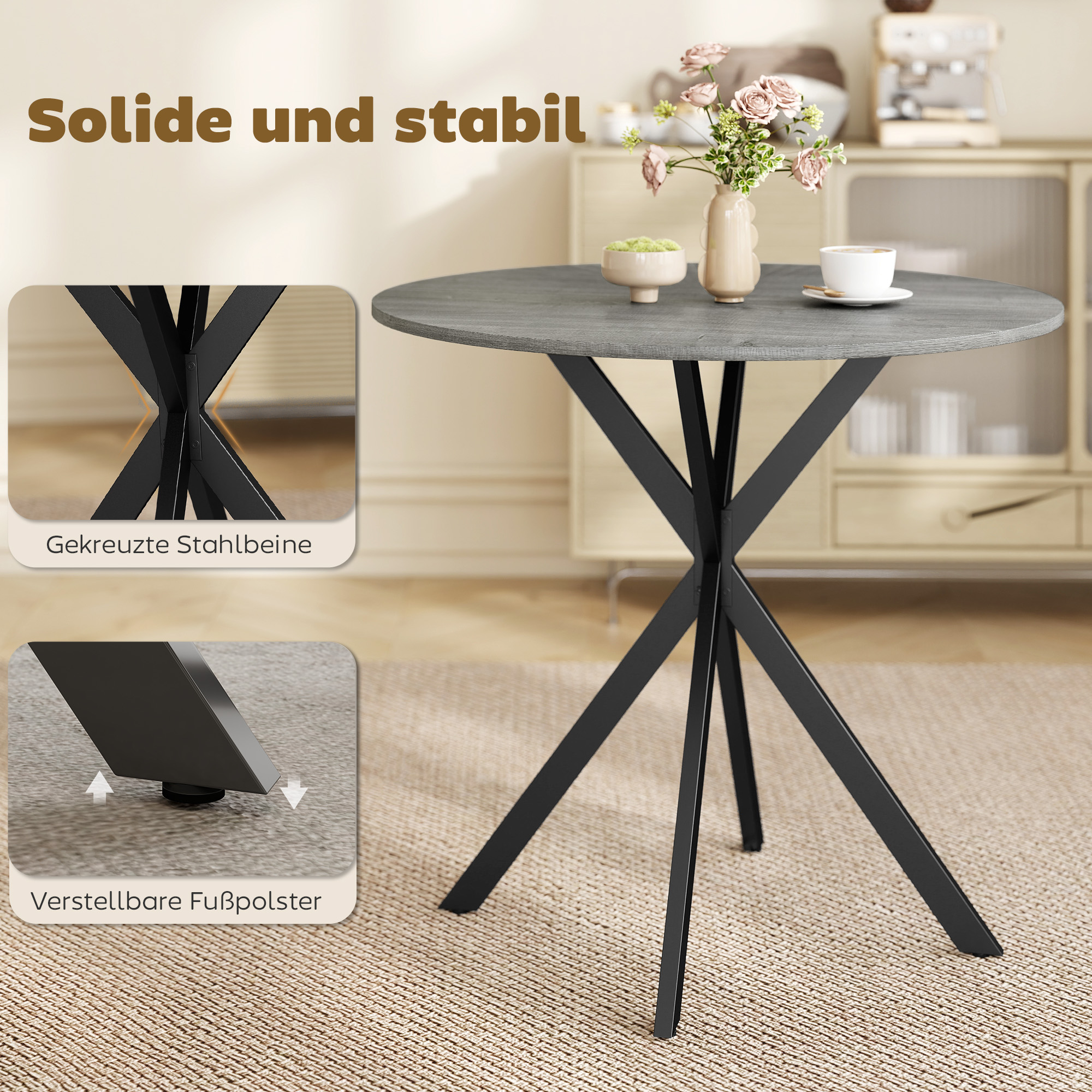 Runder Küchentisch, 80 cm, kompakte Tischplatte, Spanplatte, Metall, Grau