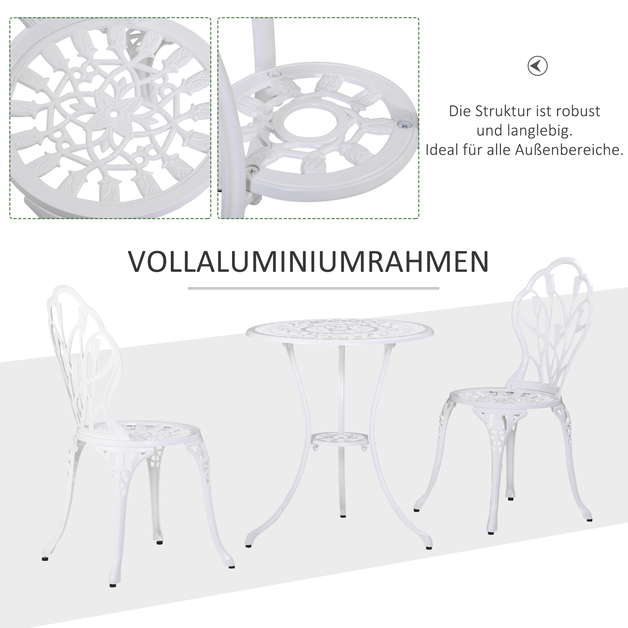 Sitzgruppe für 2 Personen Essgruppe Gartenmöbel-Set 1 Tisch+2 Stühle mit Schirmloch Aluminium Weiß