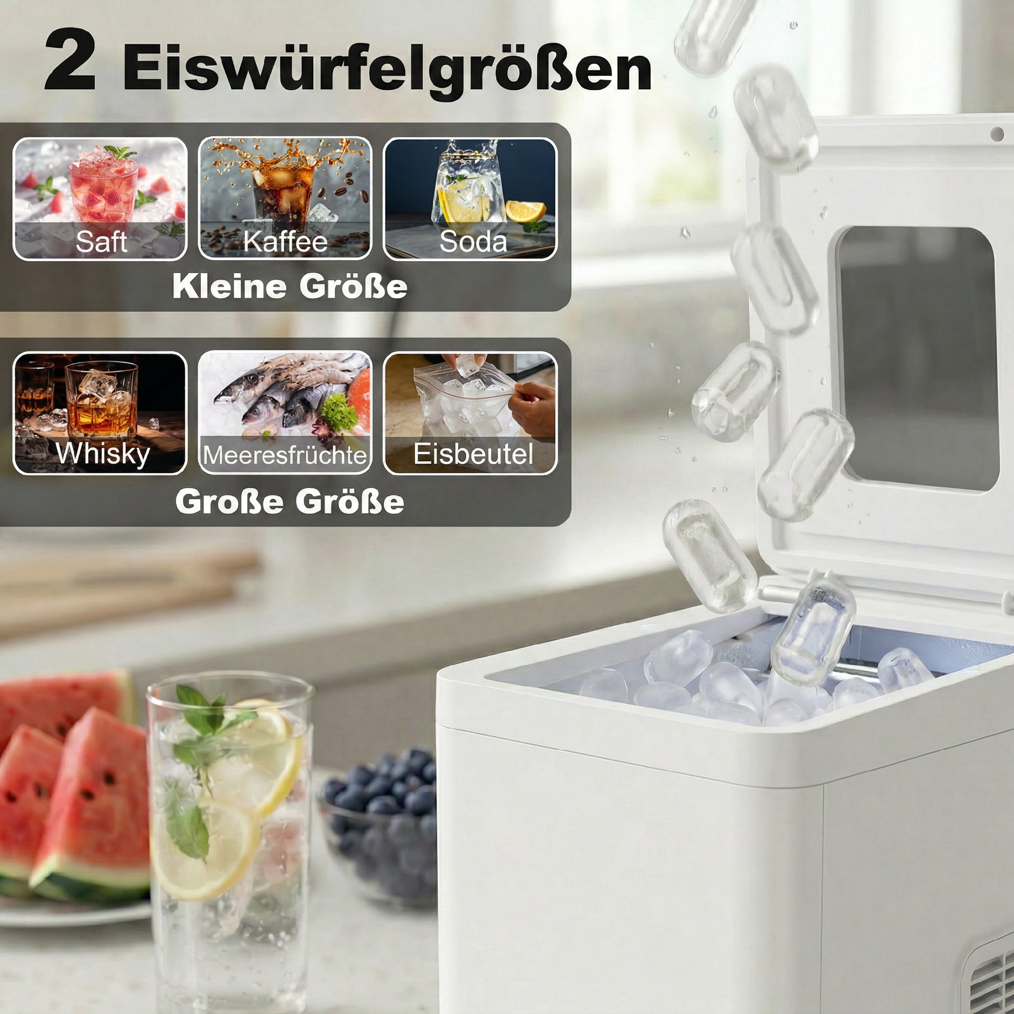 Tisch-Eismaschine Selbstreinigend Kompakter Eisbereiter mit Schaufel und Korb Weiß