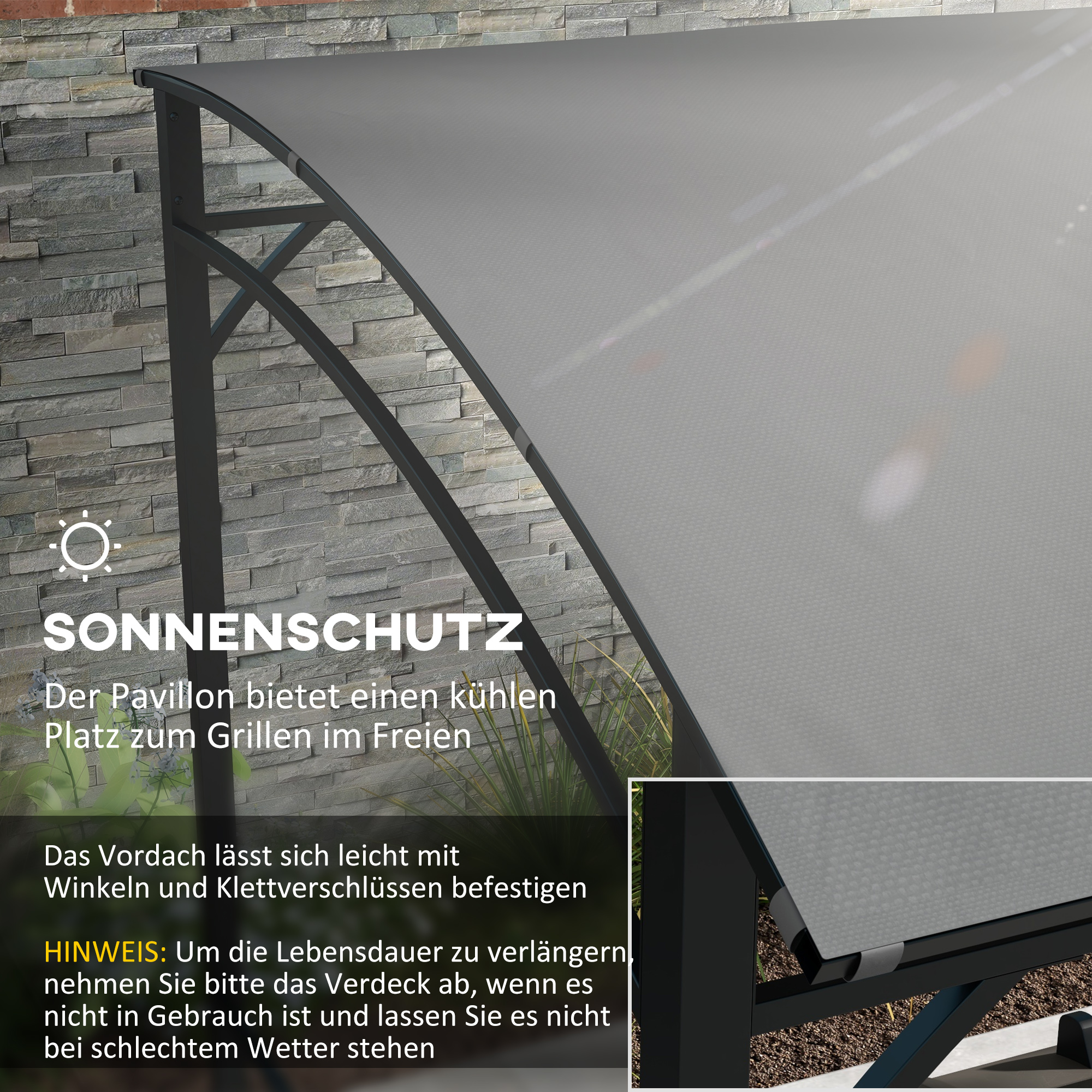 Grillpavillon, Grillüberdachung, Regenschutz, Haken für Utensilien, Stahlrahmen, Dunkelgrau, 215 x 150 x 182/220 cm