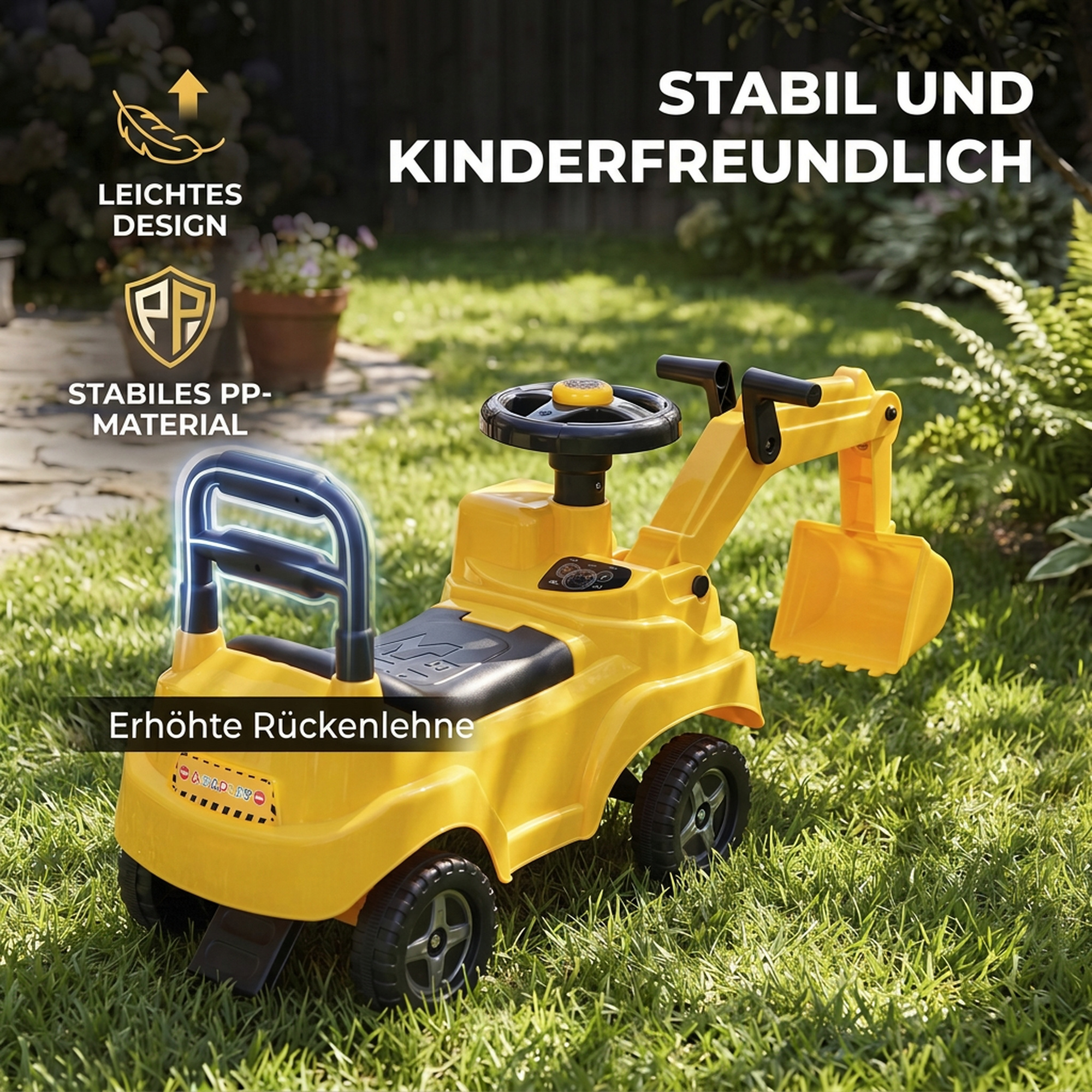 Sitzbagger Kinder Aufsitzbagger mit Schaufel Lenkrad Kinderbagger mit Hupe, Stauraum unter dem Sitz für 1-3 Jahre
