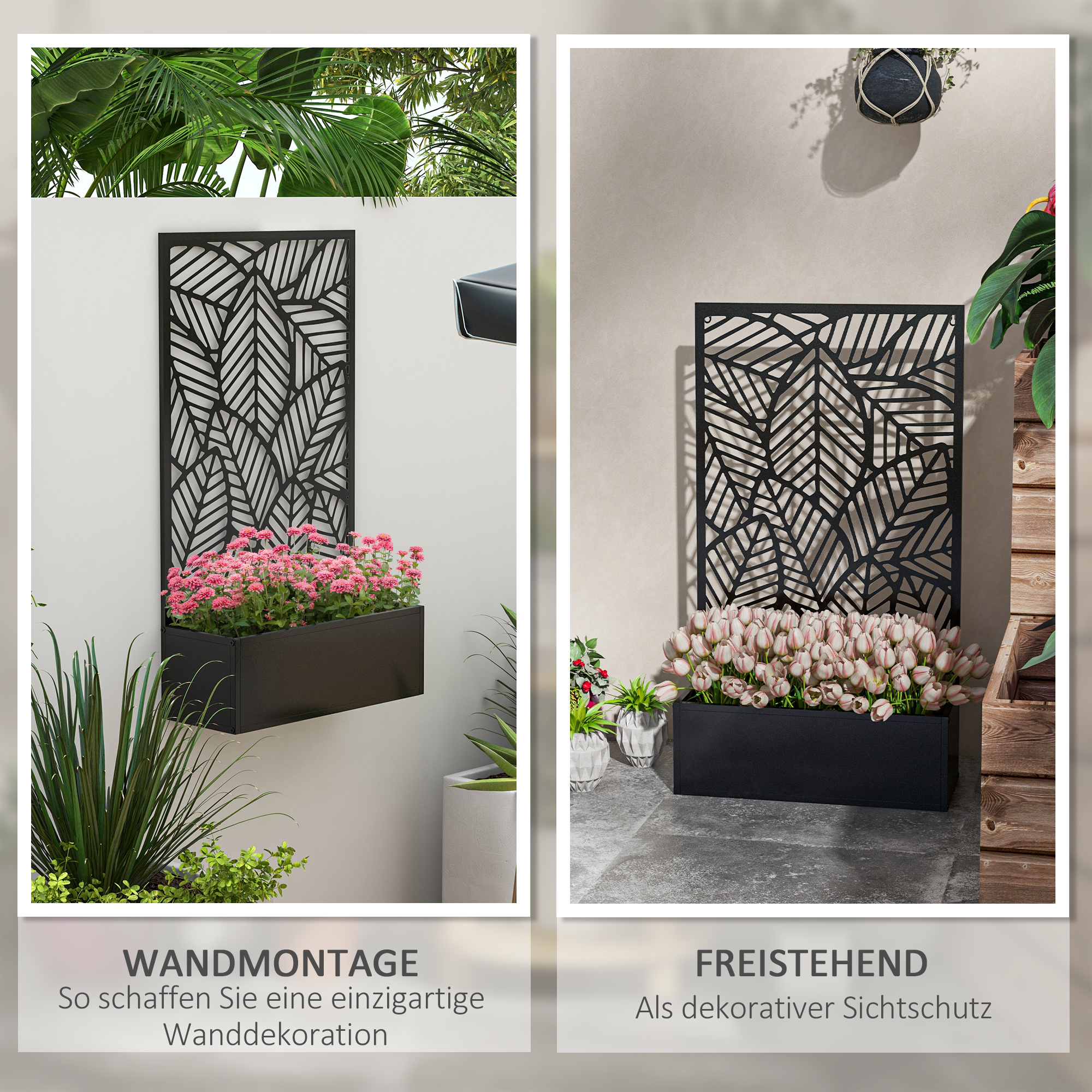 Sichtschutz mit Blumenbeet, Außen-Paravent, Trennwand mit Blumenkübel, Metall, Schwarz