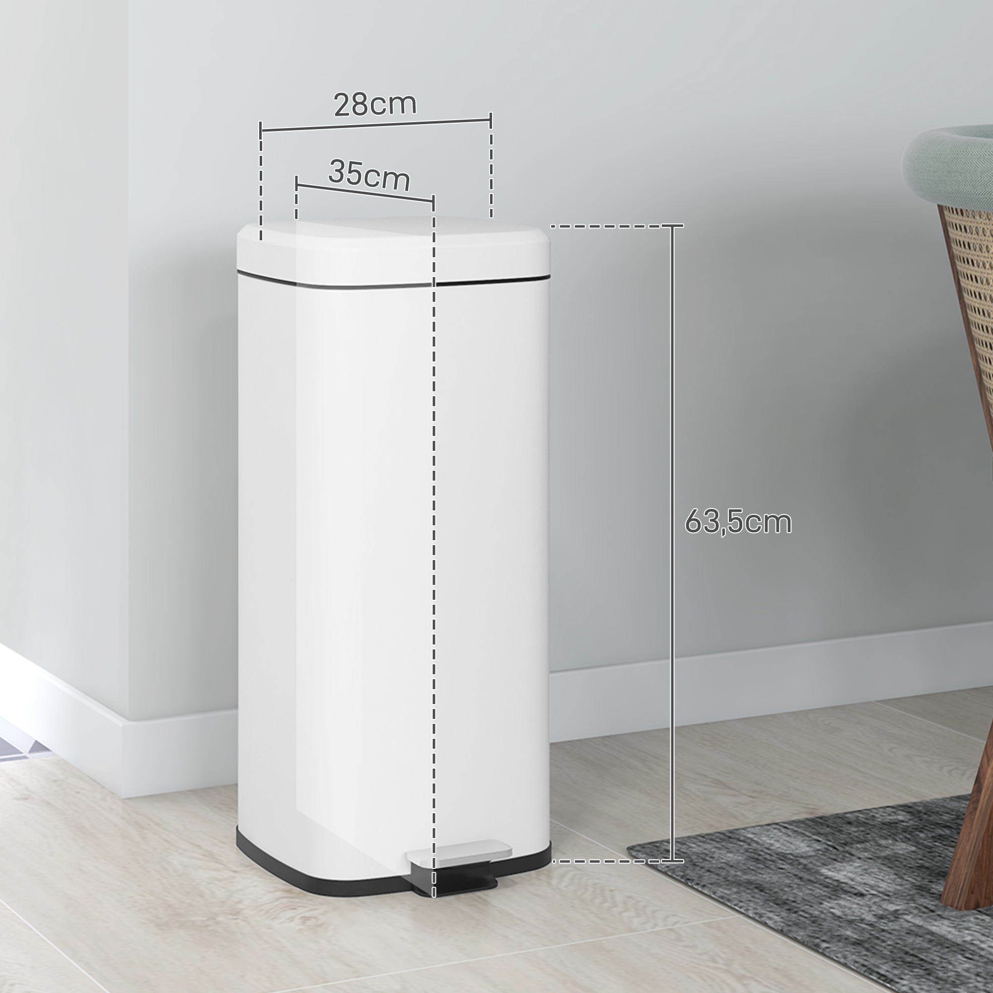 Mülleimer 30L, Soft-Close-Deckel, Fingerabdrucksicher, Fußpedal, Metall/Kunststoff, 28x35x63,5 cm, Weiß