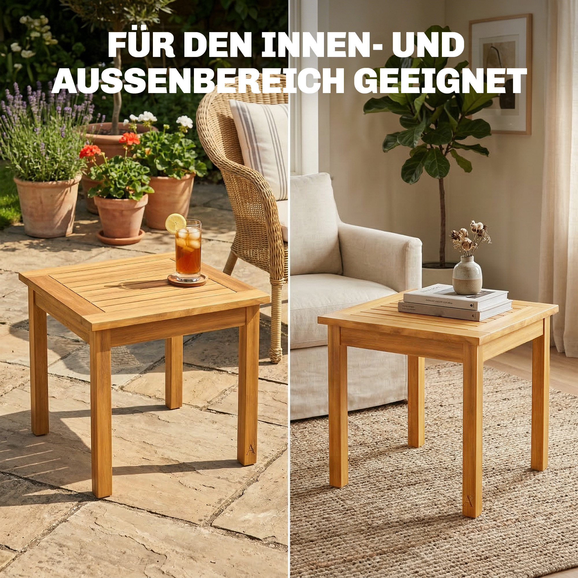 Beistelltisch 48 x 48 cm wetterfest Gartentisch mit Lamellendesign verstellbaren Füßen, quadratisch