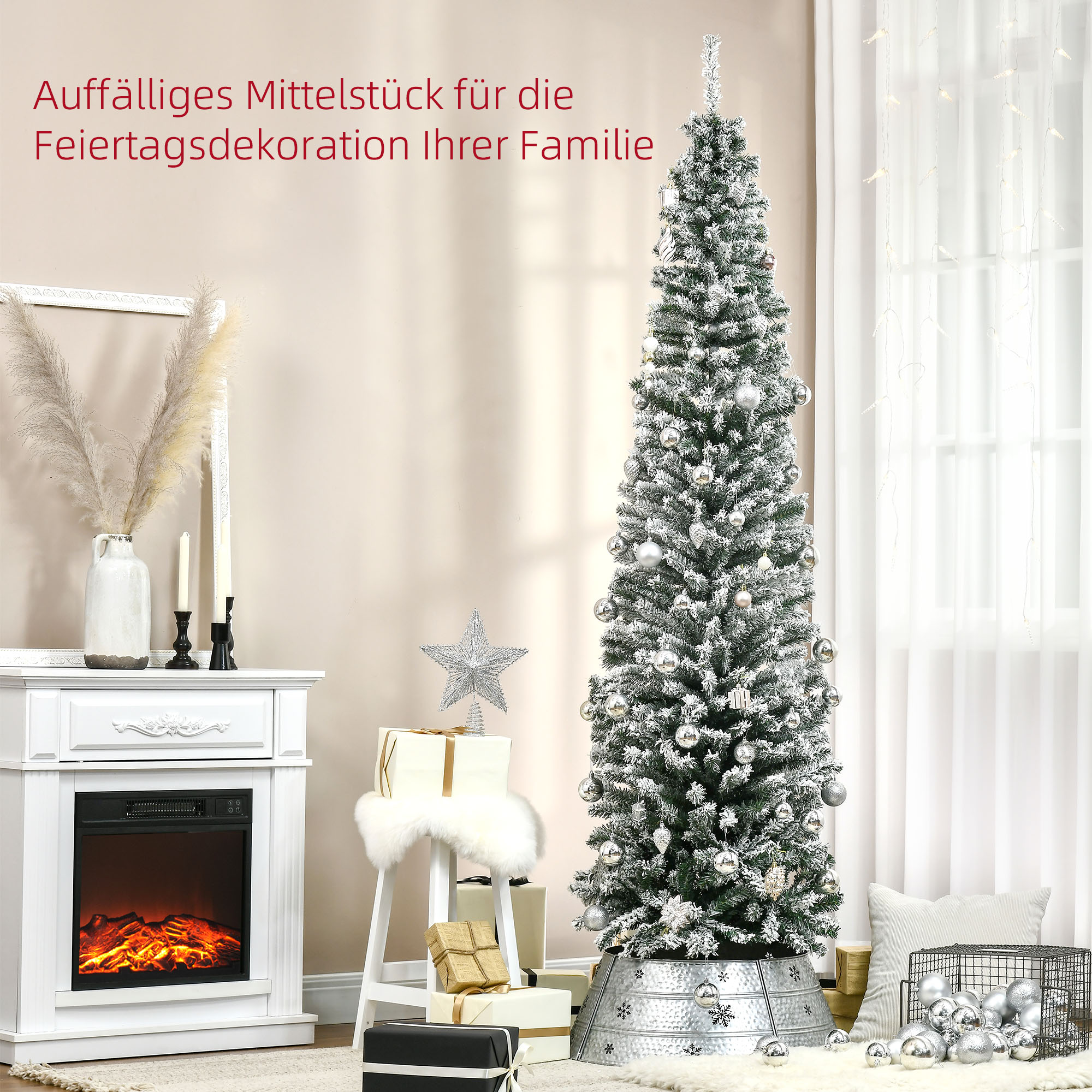 Künstlicher Weihnachtsbaum 180 cm Bleistift Kiefernbaum mit Schnee, 492 Spitzen für drinnen