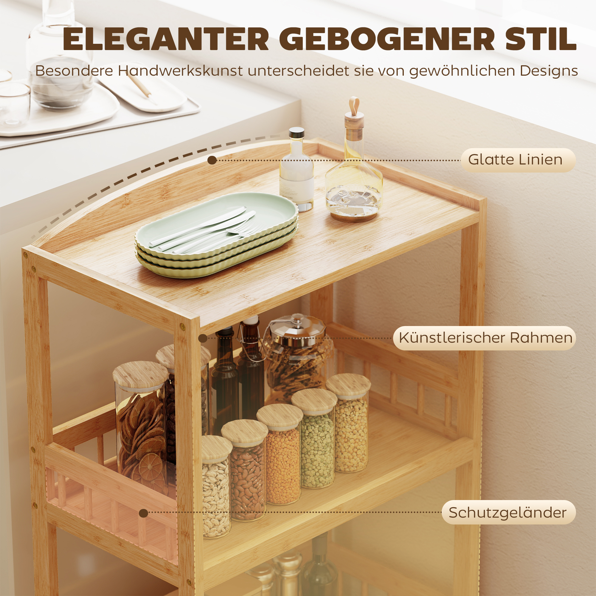 Küchenwagen Rollwagen mit 3 Ebenen, Servierwagen mit Stauraum Küchenregal auf Rollen, für Küche Bad Büro Naturholz