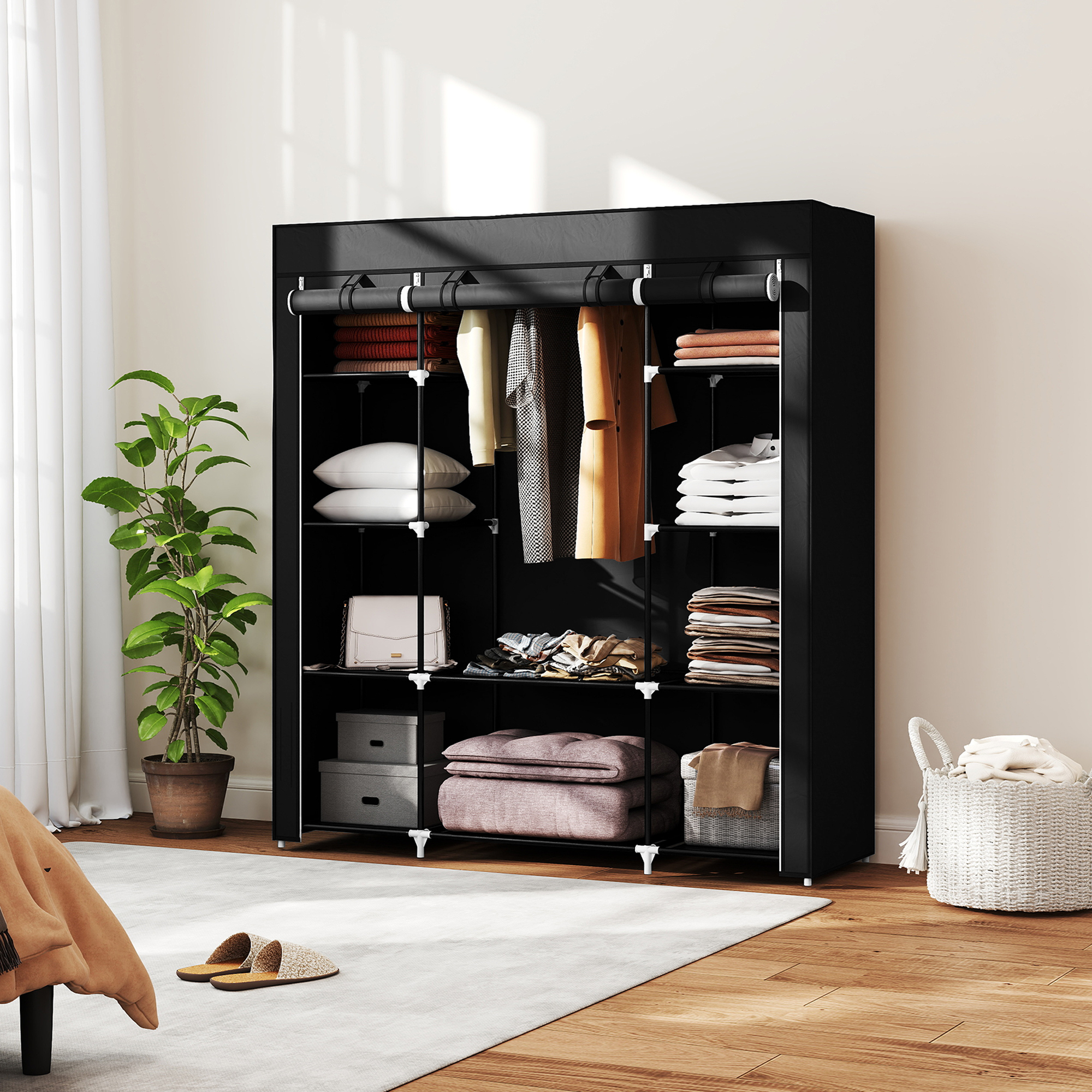 Stoffschrank aus Vlies, Faltschrank, 1 Kleiderstange, 9 Regale, 150 cm x 43 cm x 162,5 cm, Schwarz