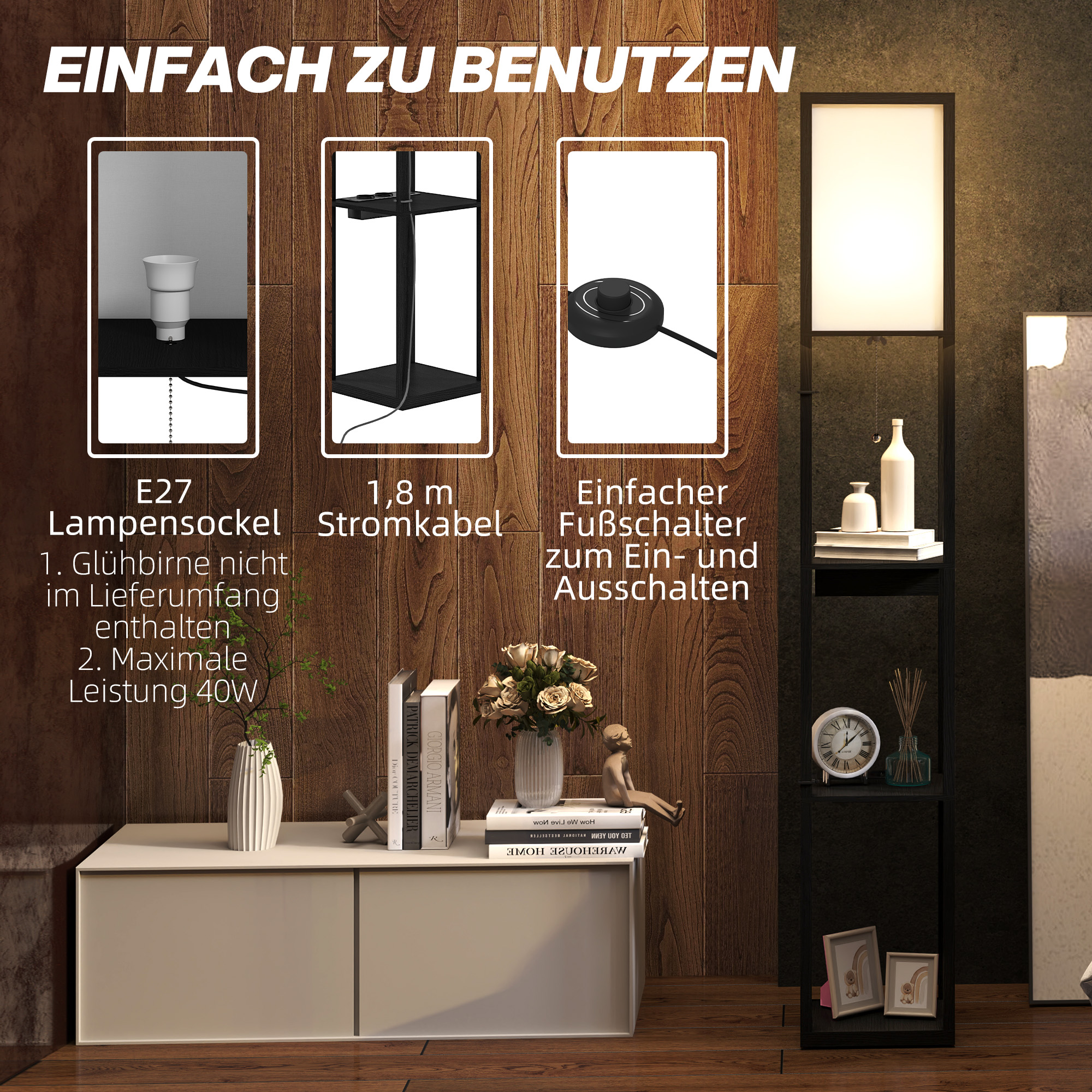 Stehlampe mit 3-stufigem Regal, Fußschalter, USB-Anschlüssen, MDF, Schwarz
