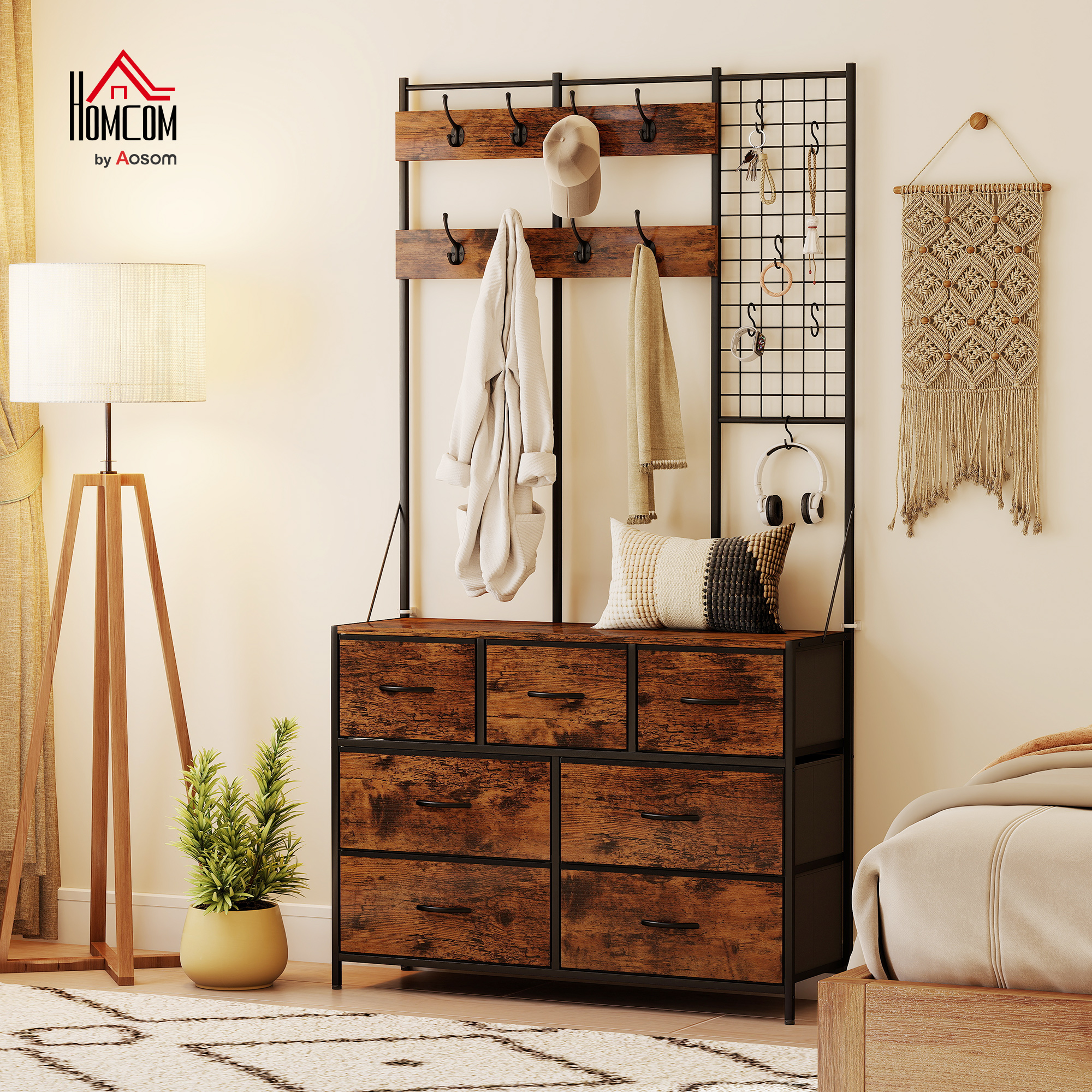 Garderobenständer, Kleiderständer mit Stoff-Schublade, 14 Haken für Flur, Schlafzimmer, Rustikal-Braun, Höhe 183 cm