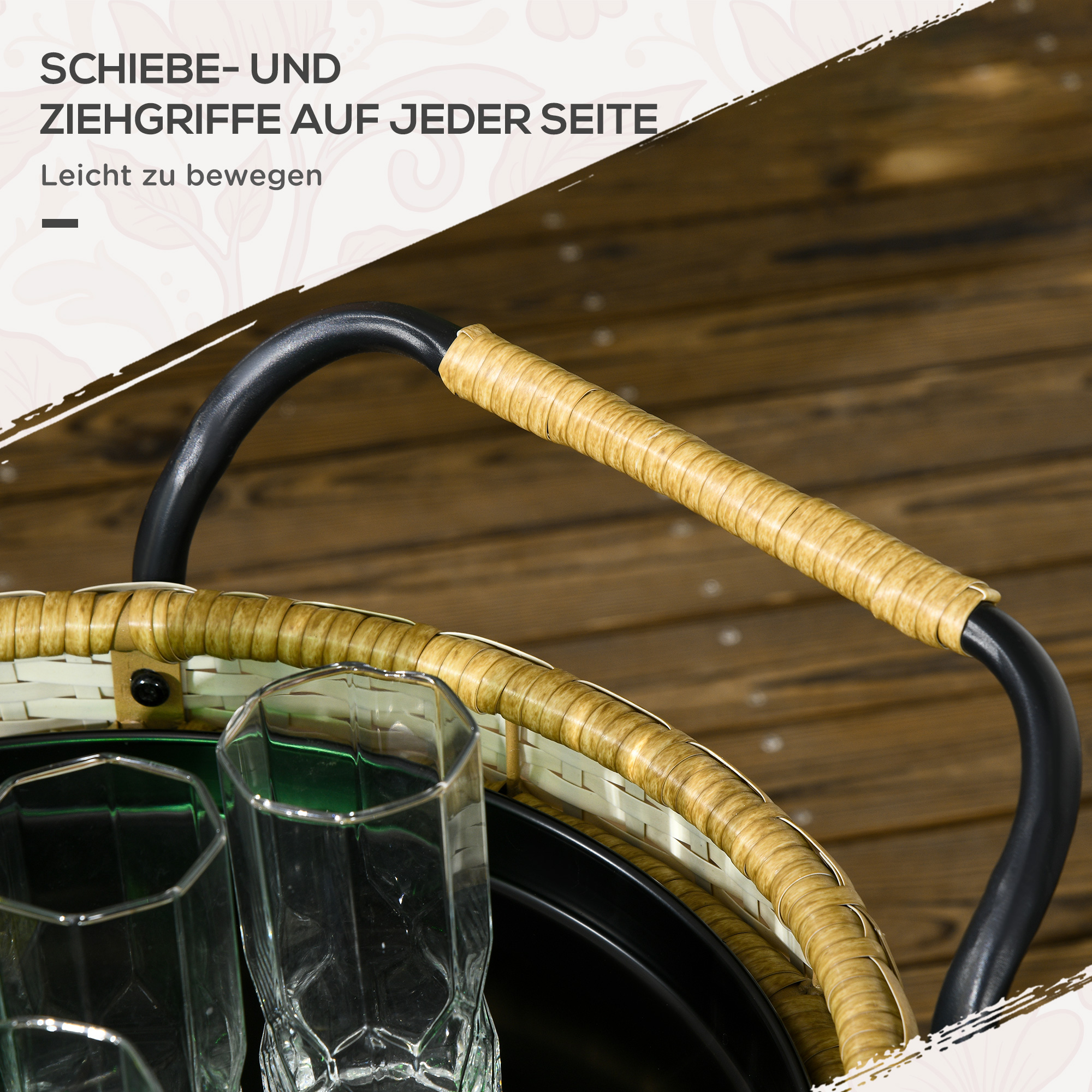 Outdoor Servierwagen, 2 Etagen, Bremsen, Polyrattan, Metallrahmen, ?50 x 66H cm, Gelb