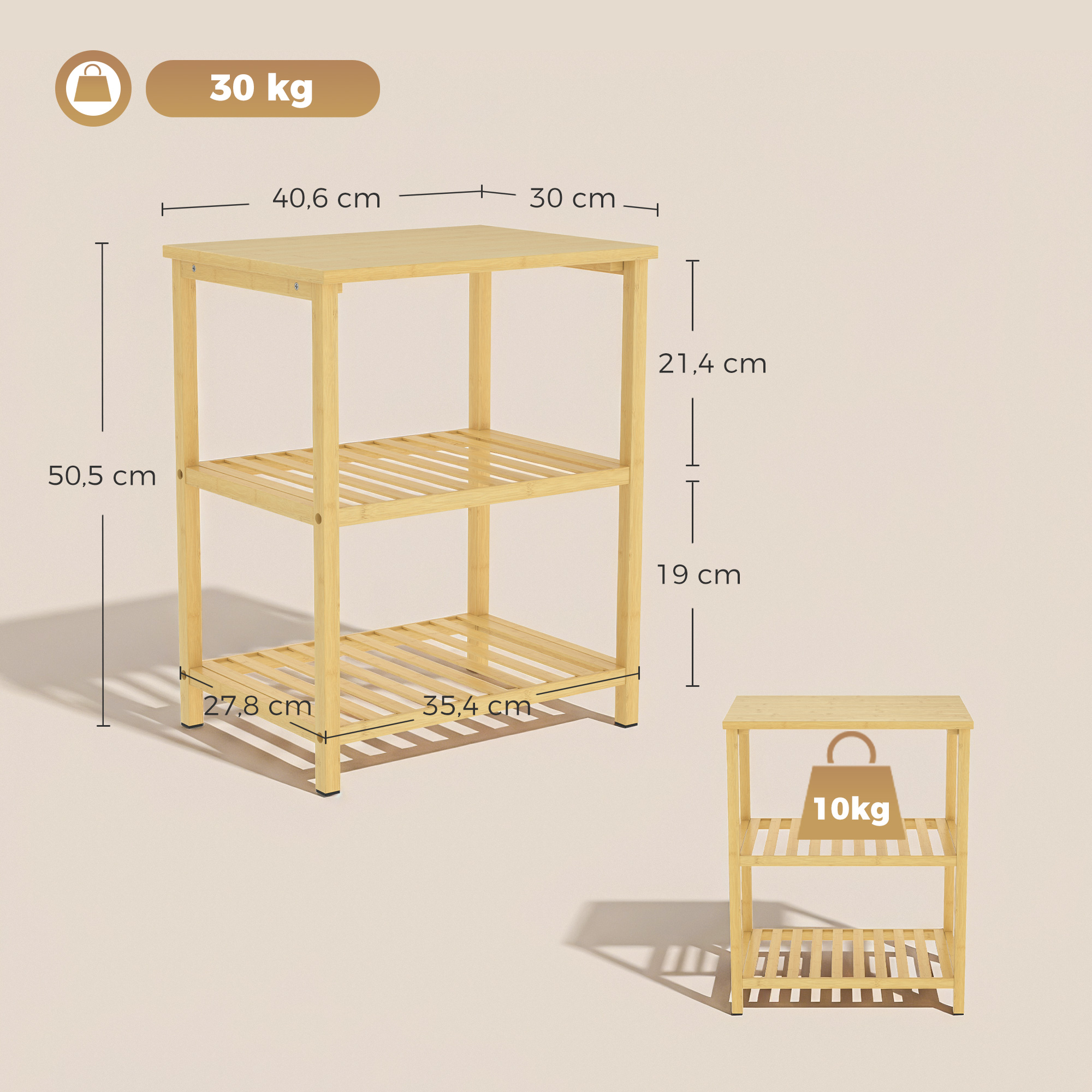 Beistelltisch aus Bambus, 3 Ebenen mit Lamellenböden, für kleine Räume, Wohnzimmer & Schlafzimmer, Natur