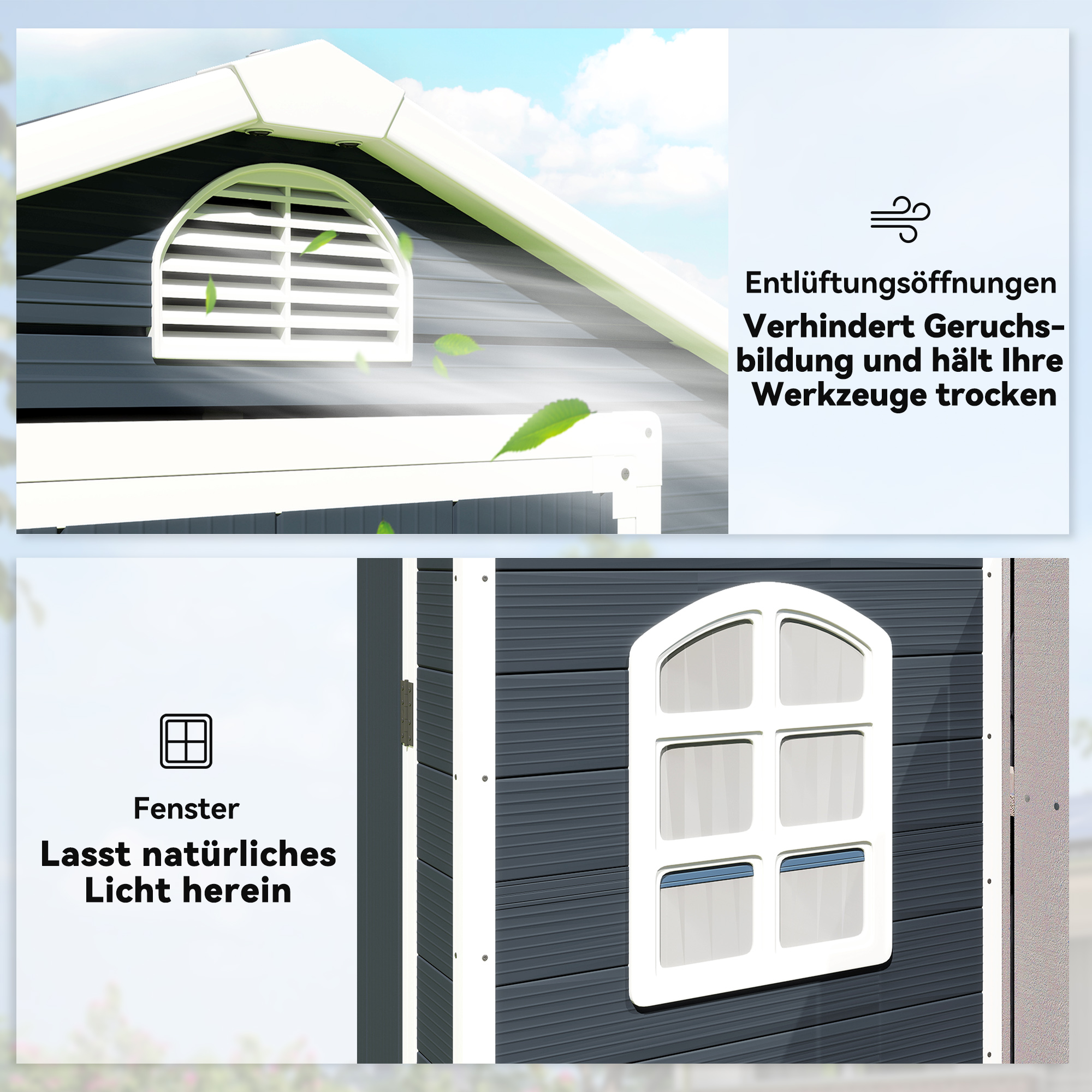 Gerätehaus 1,1m², Geräteschuppen mit Satteldach, 134 x 104 x 204 cm, Kunststoff Gartenchuppen mit Abschließbar Tür Belüftungsöffnung Fenster, Gartenhaus für Garten Dunkelgrau