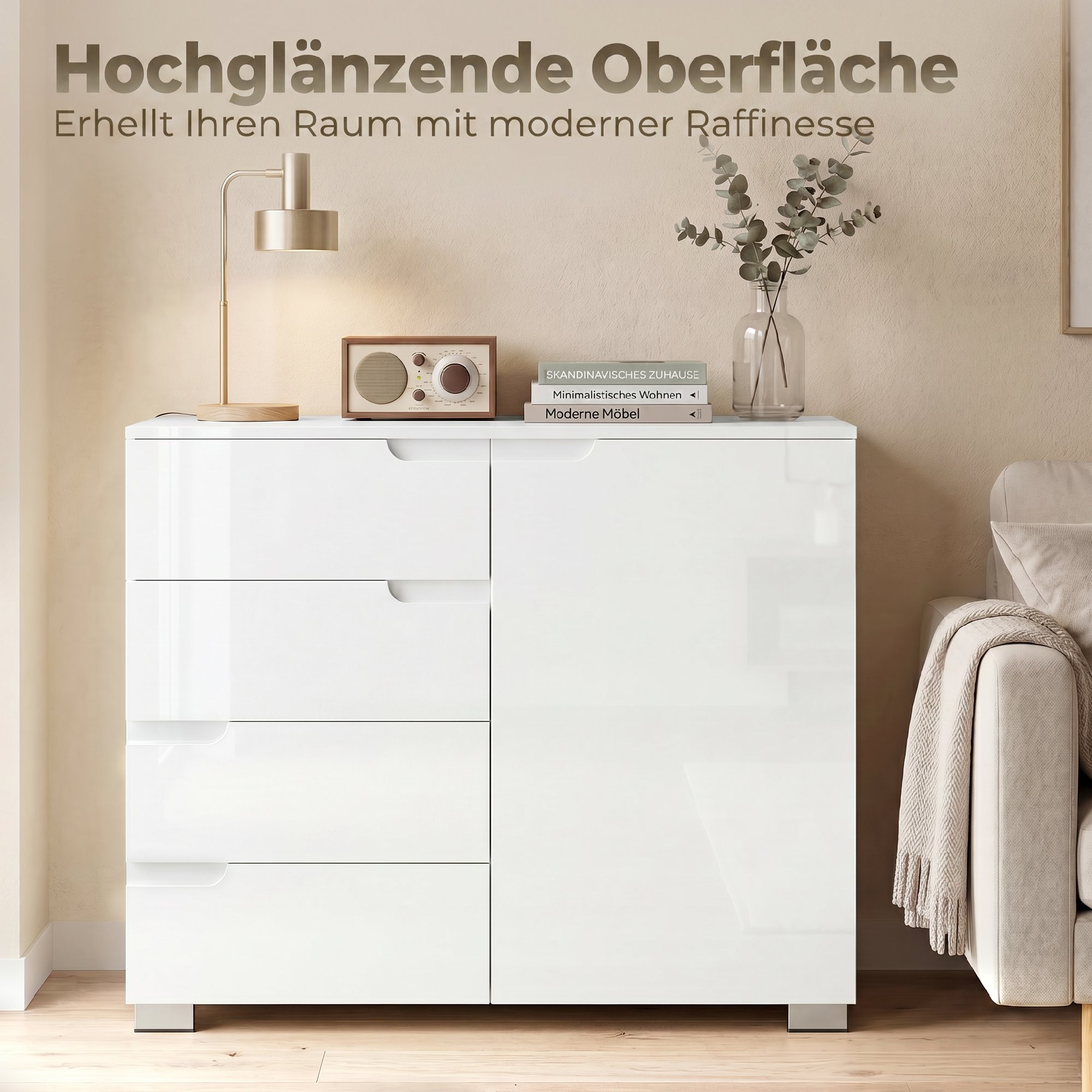 Kommode mit 4 Schubladen Sideboard mit 1 Tür, Verstellbarem Einlegeboden, für Wohnzimmer, Schlafzimmer 100 x 40 x 80 cm