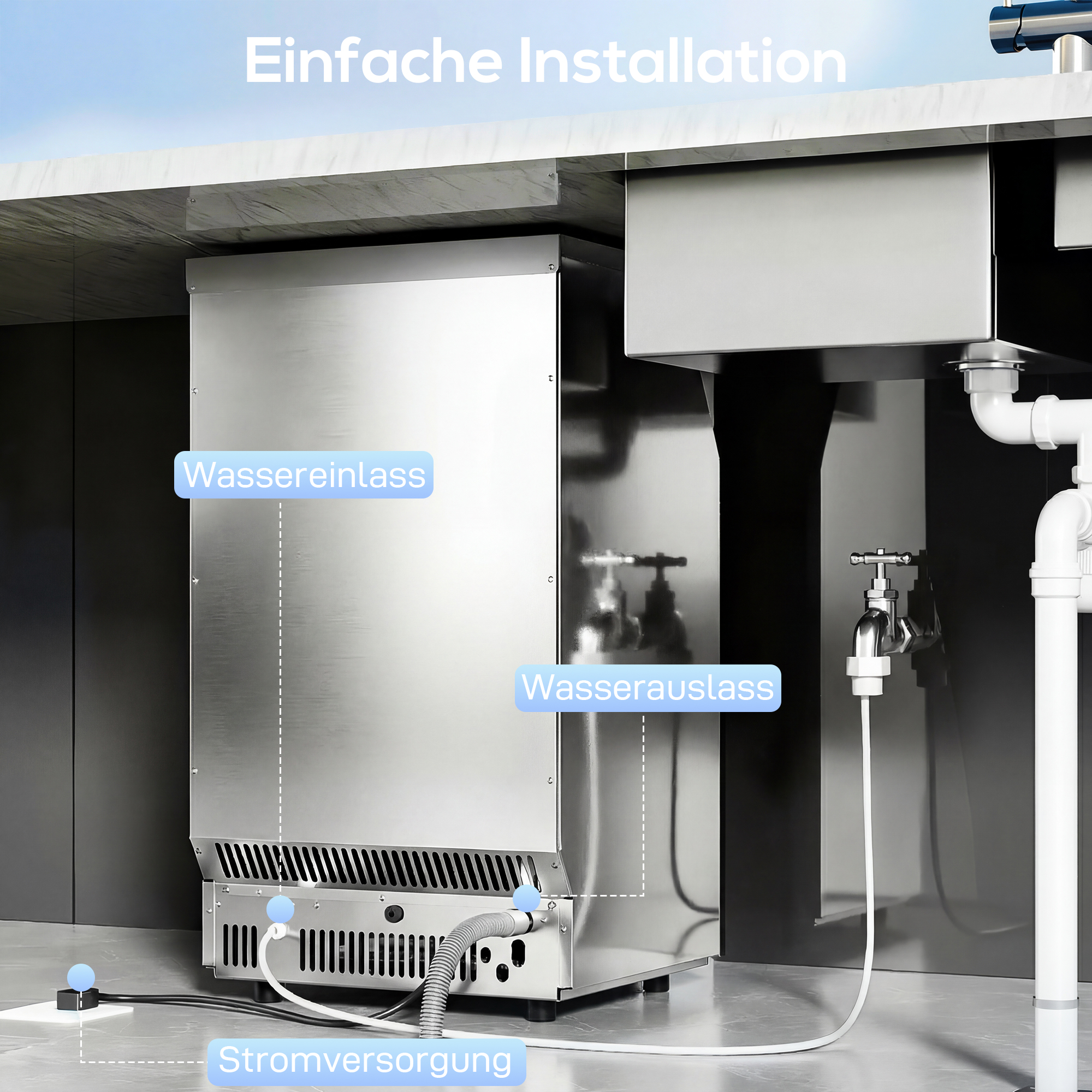 Eismaschine, 45 kg/24 Std., Edelstahl, Unterbau oder freistehend, Silber