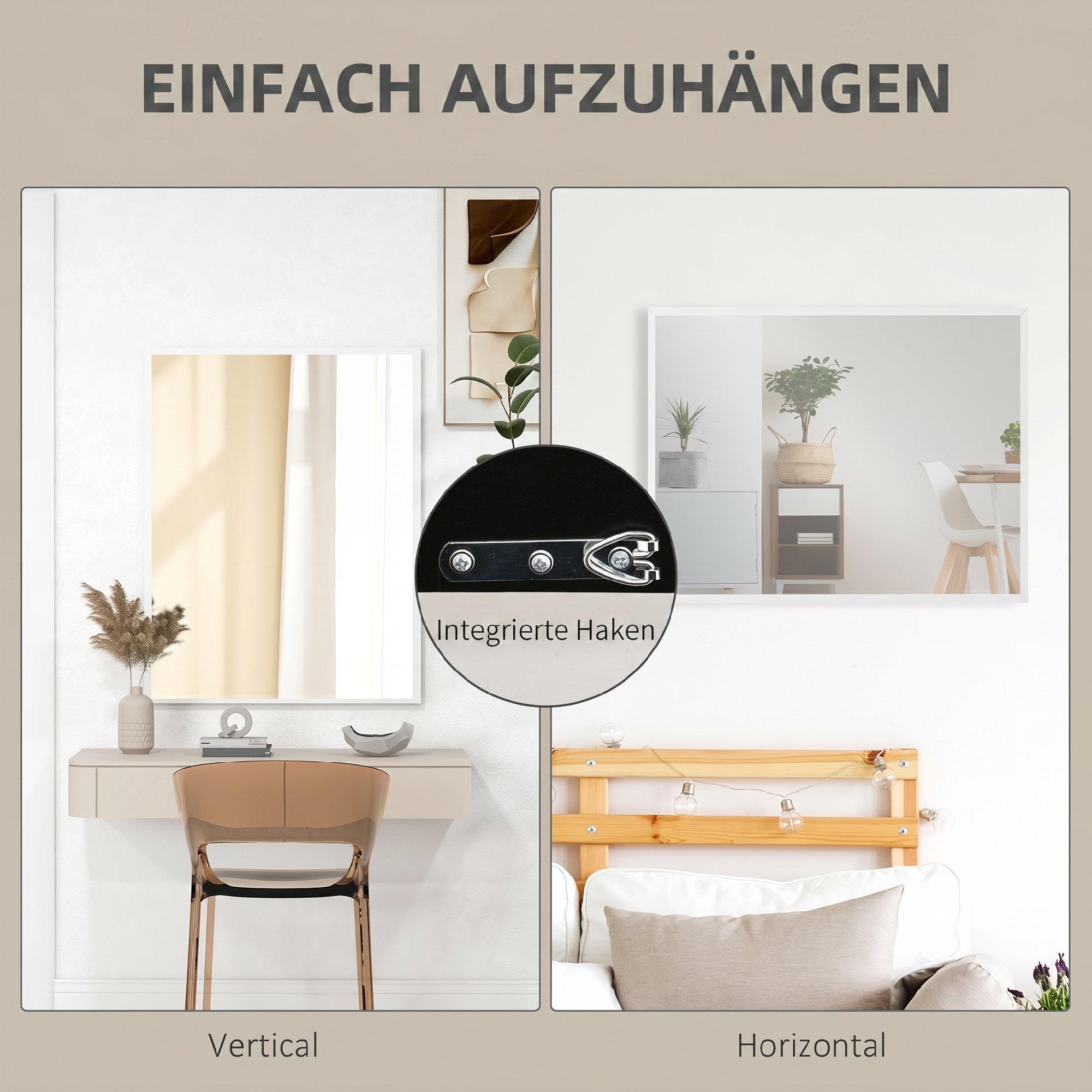Wandspiegel, 70 x 90 cm, Dekorativer Hängespiegel, einfache Montage, inkl. Schrauben
