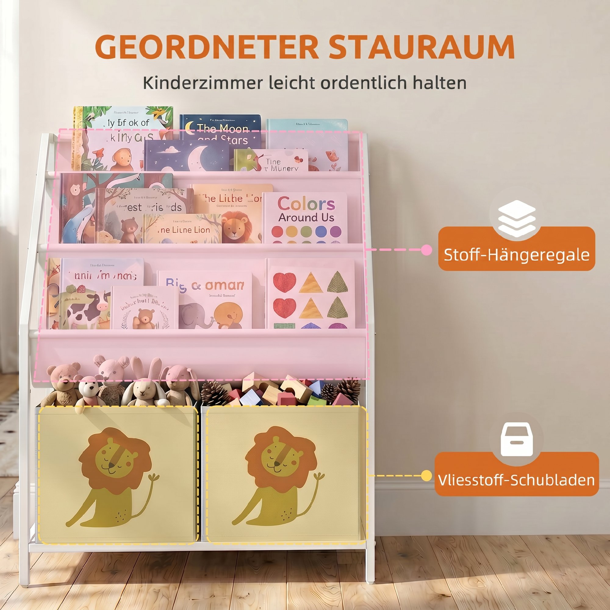 Bücherregal für Kinder Kinderregal mit 2 offenen Fächer 3 Hängeregale 60 x 30 x 76 cm Weiß
