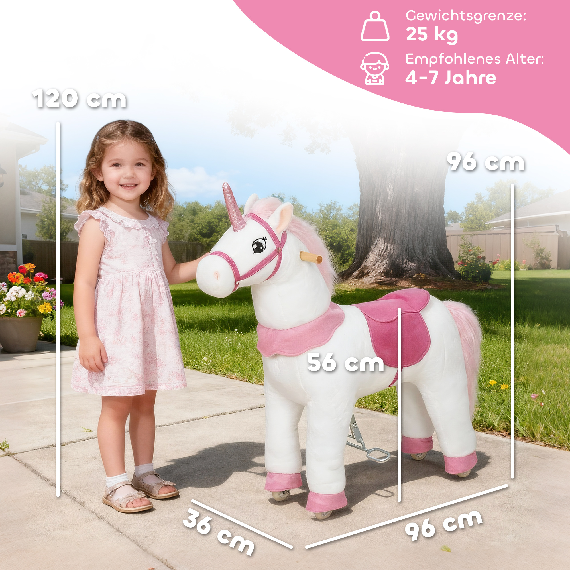 Reitpferd für Kinder, Einhorn-Design, Stoffbezug, stabiler Rahmen, sanfte Räder, Schaukelpferd, 3-5 Jahre, Weiß
