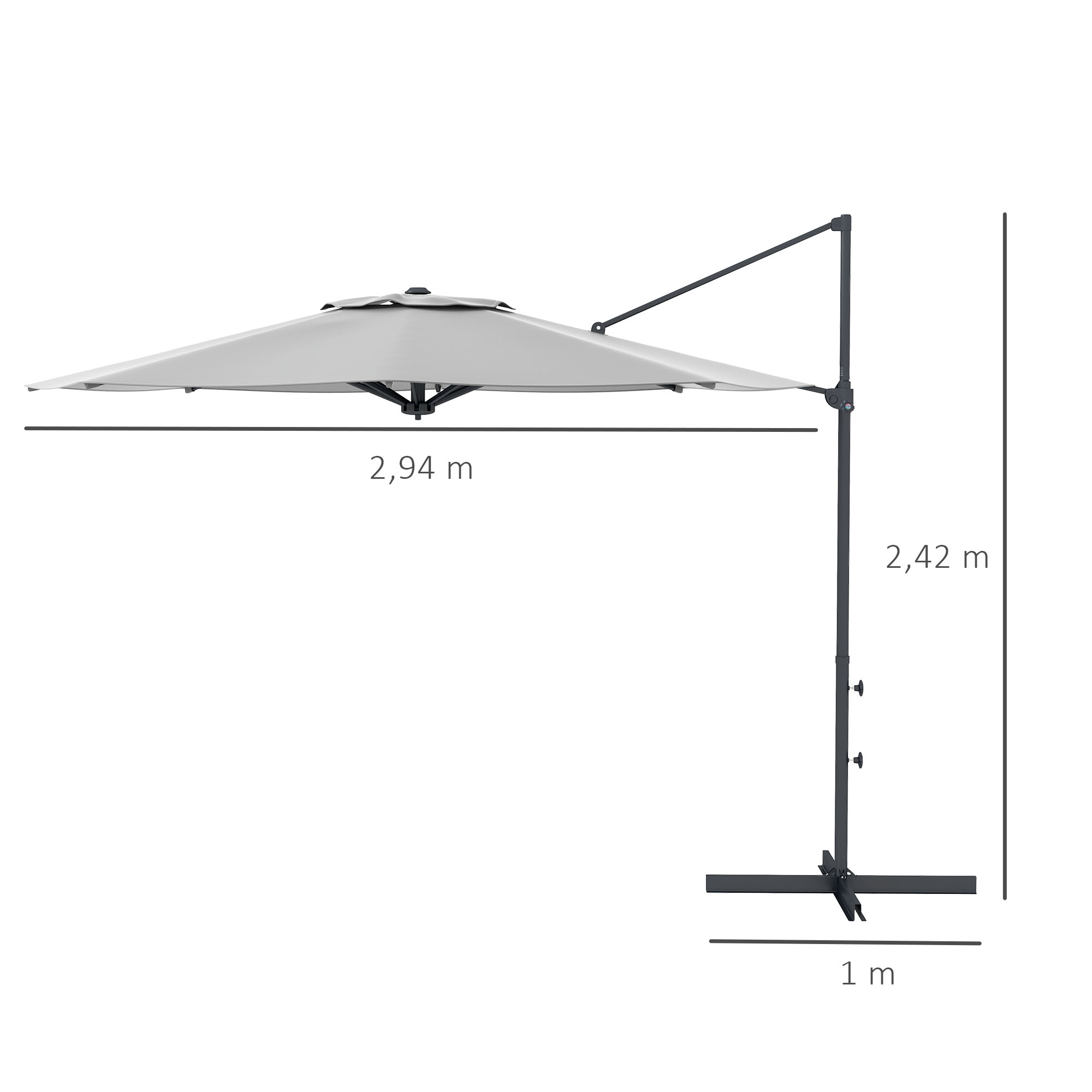 Ø3 m Ampelschirm, neigbar, drehbar, Handkurbel, Windhaube, Metallmast, Dunkelgrau