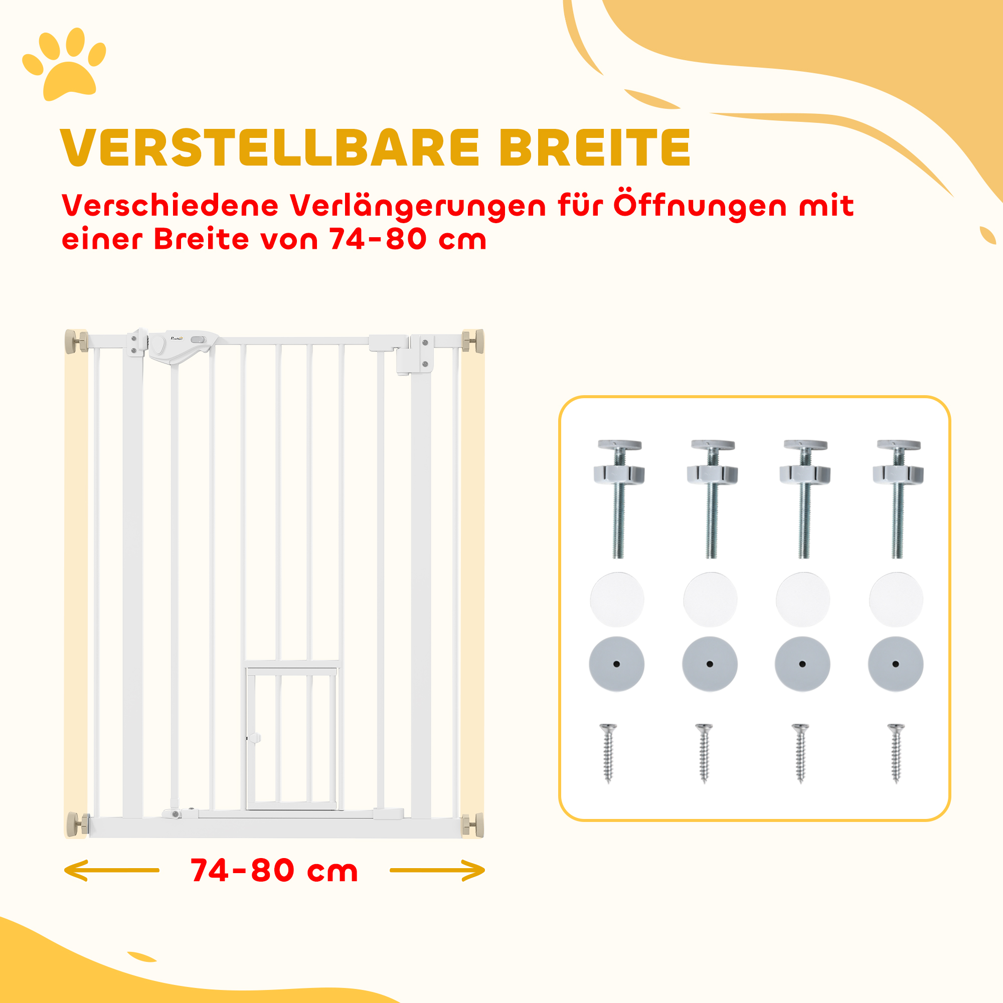 Türgitter mit Katzenklappe, Montage ohne Bohren, variable Breite 74-80 cm, einhändiges Öffnen, Metall, Weiß