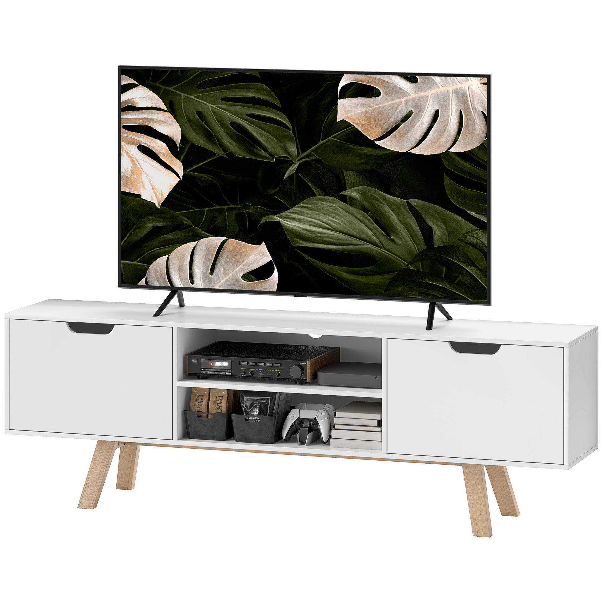 TV-Kommode mit Schubladen und offenen Regalen, MDF, 150 x 39 x 50 cm, Weiß