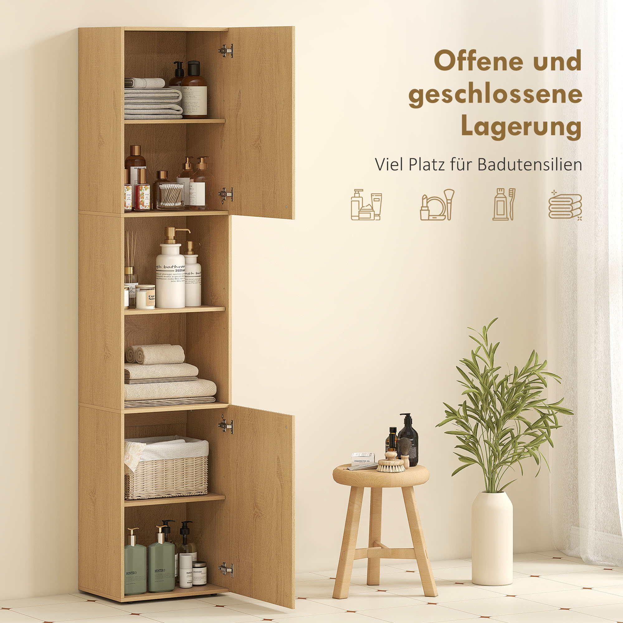 hoher Badezimmerschrank, 6 Ebenen, 2 Schränke, 2 offene Regale, offene Fächer, Holz, Eichenfarben