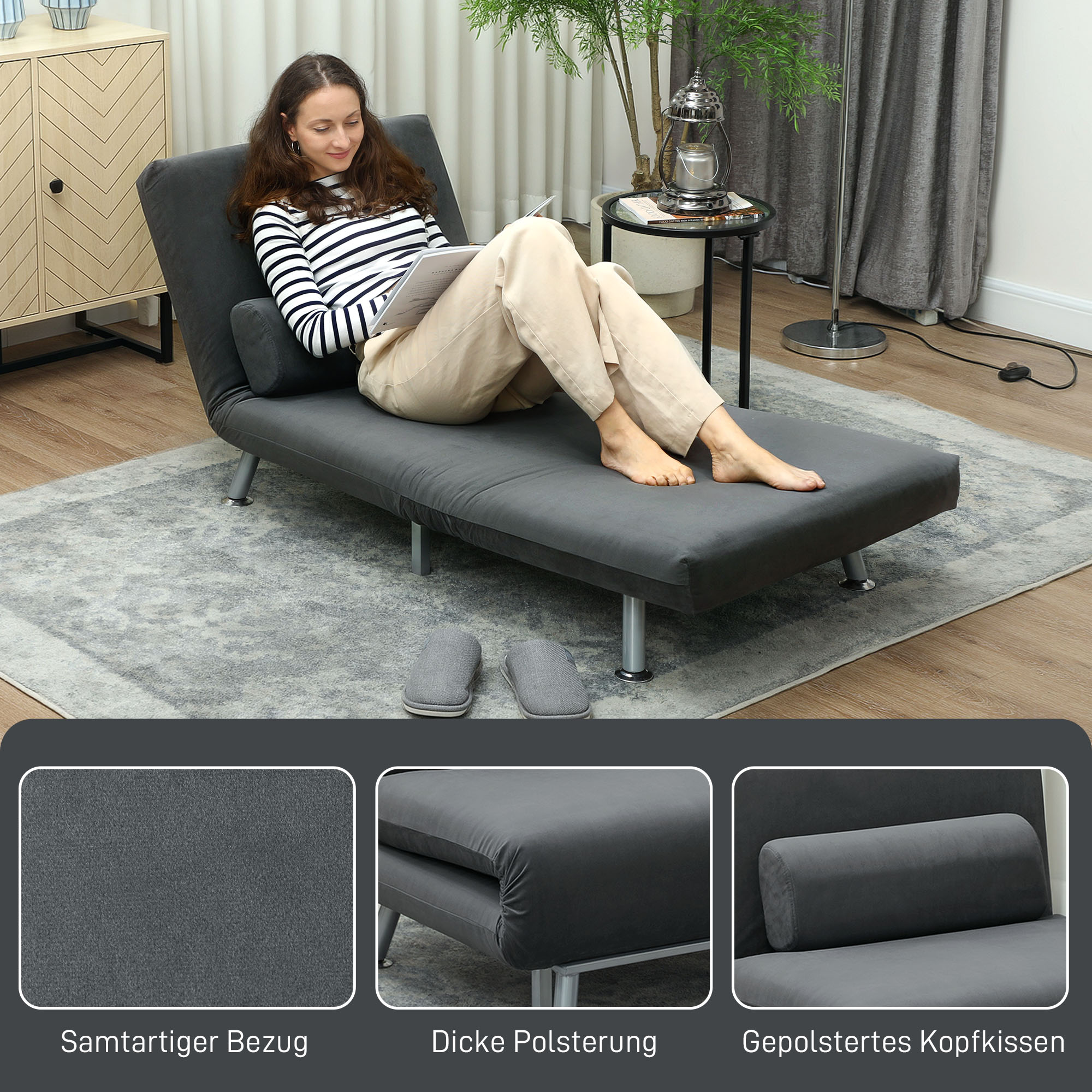 Klappsessel mit Bettfunktion, klappbarer Relaxsessel in Samtoptik, Verstellbare Rückenlehne, 75 x 70 x 75 cm, Dunkelgrau