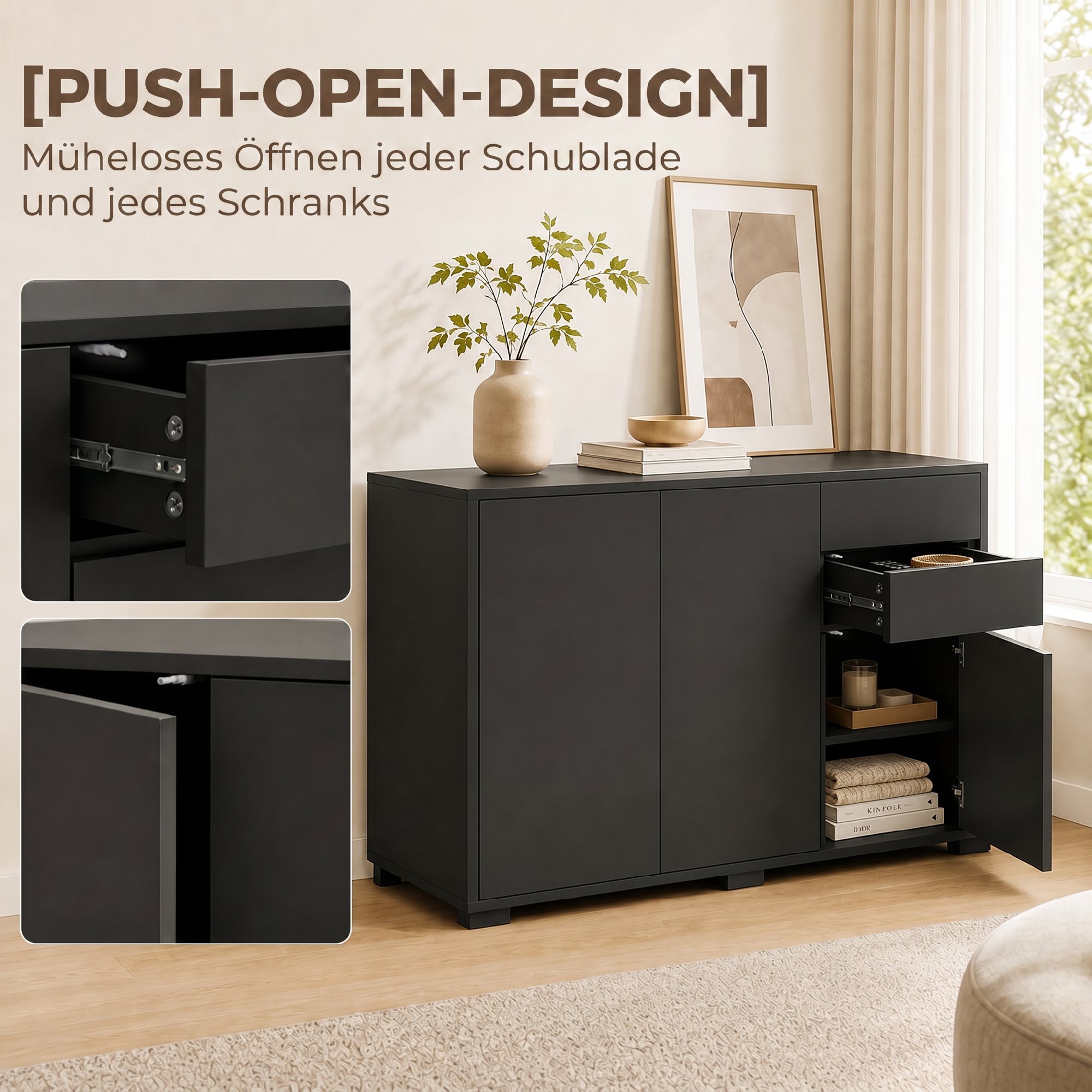 Sideboard Kommode Anrichte, 2 Schubladen, Push-Click, 117 cm x 36 cm x 74 cm, Schwarz
