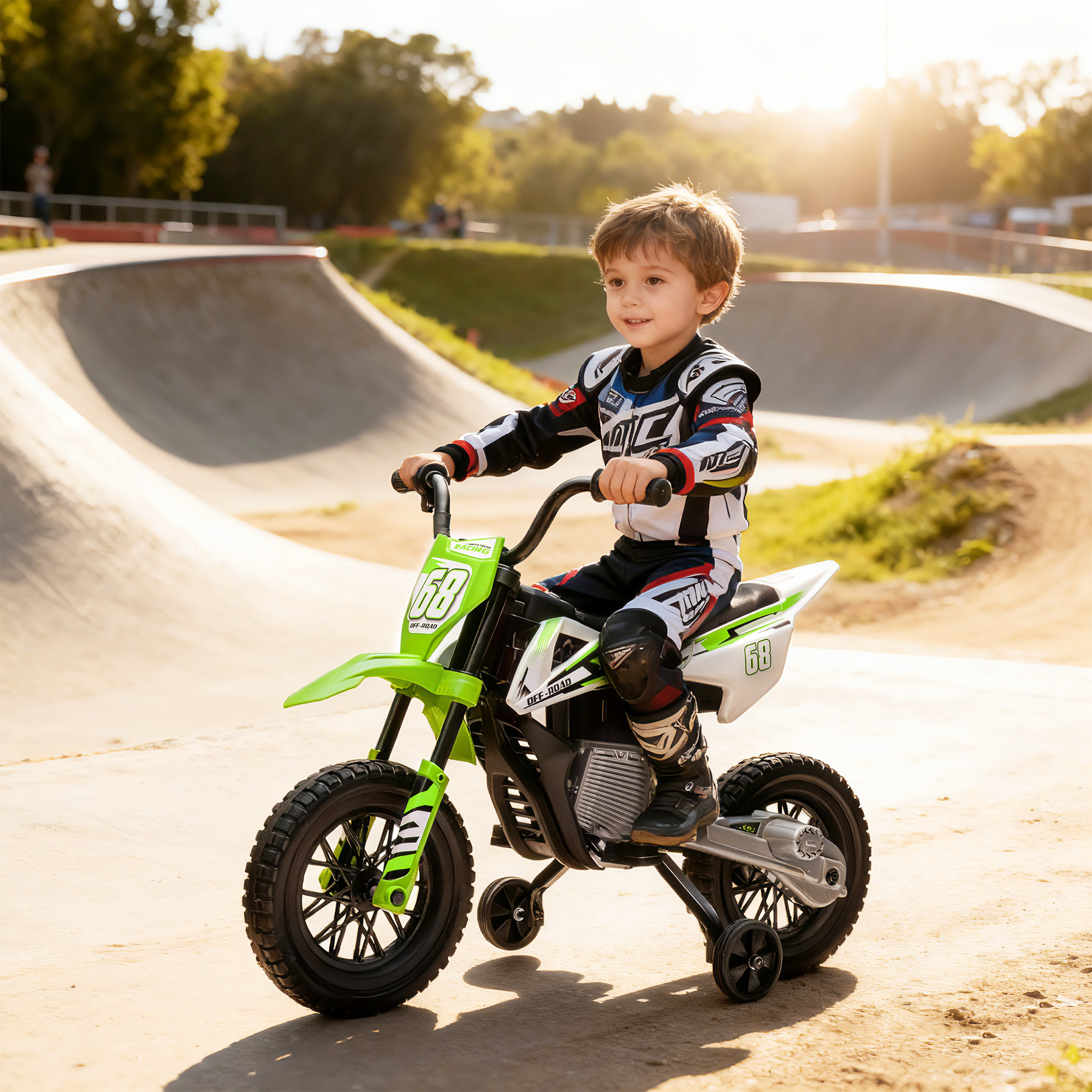 Elektro-Motorrad für Kinder, 12V Kindermotorrad mit Musik, Kinderfahrzeug mit Trainingsrädern, 3-6 Jahre, Grün