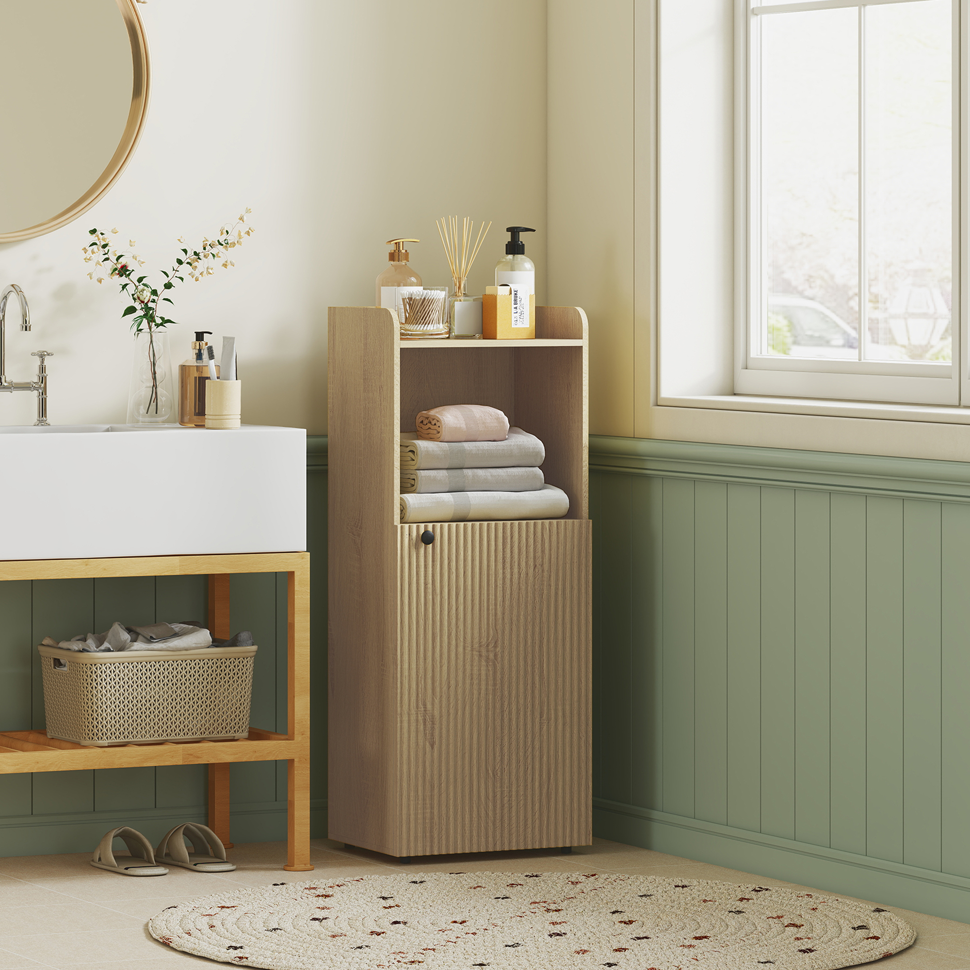 Badezimmerschrank Nischenschrank mit Schrank, offen Regal, verstellbar Regal, Badschrank, 40 x 31 x 104 cm, Gelbeiche