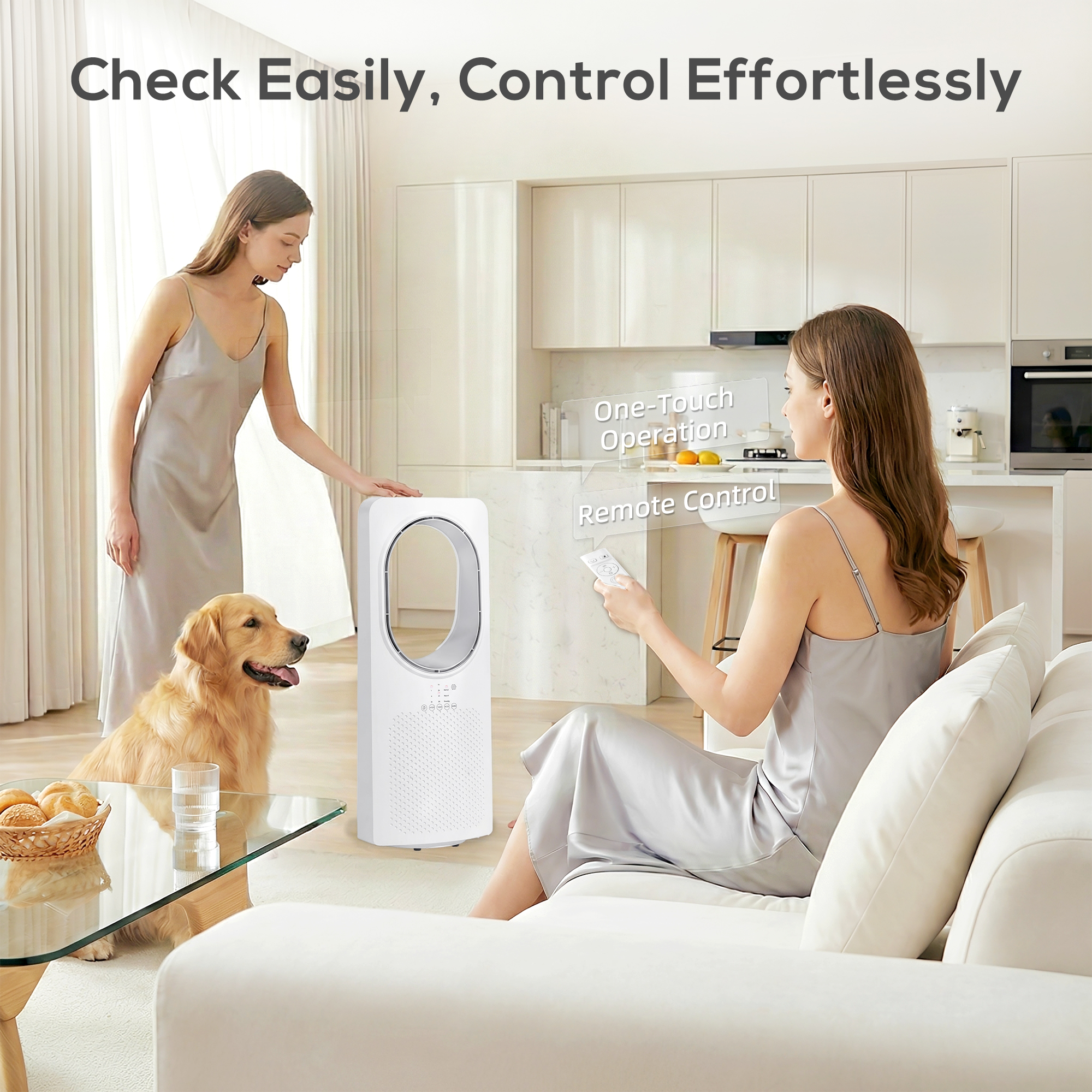 Bladeless Turmventilator für Schlafzimmer, 36 dB Standventilator mit 45° Oszillation, 3 Geschwindigkeiten, 3 Modi, 15-Stunden-Timer, Weiß