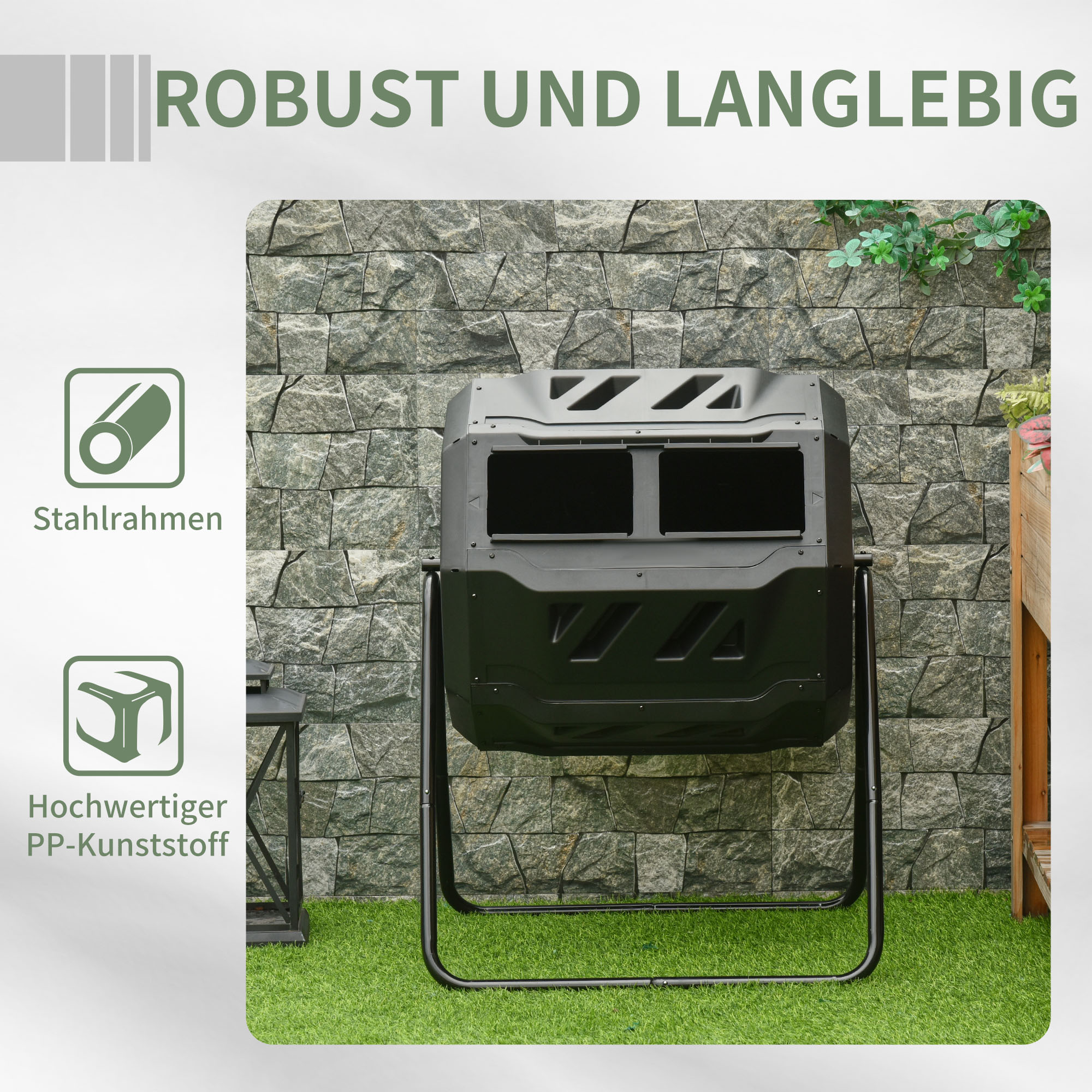 Kompostbehälter mit 2 Behältern, 160 L Fassungsvermögen, drehbar, 71 cm x 65 cm x 96 cm, Schwarz