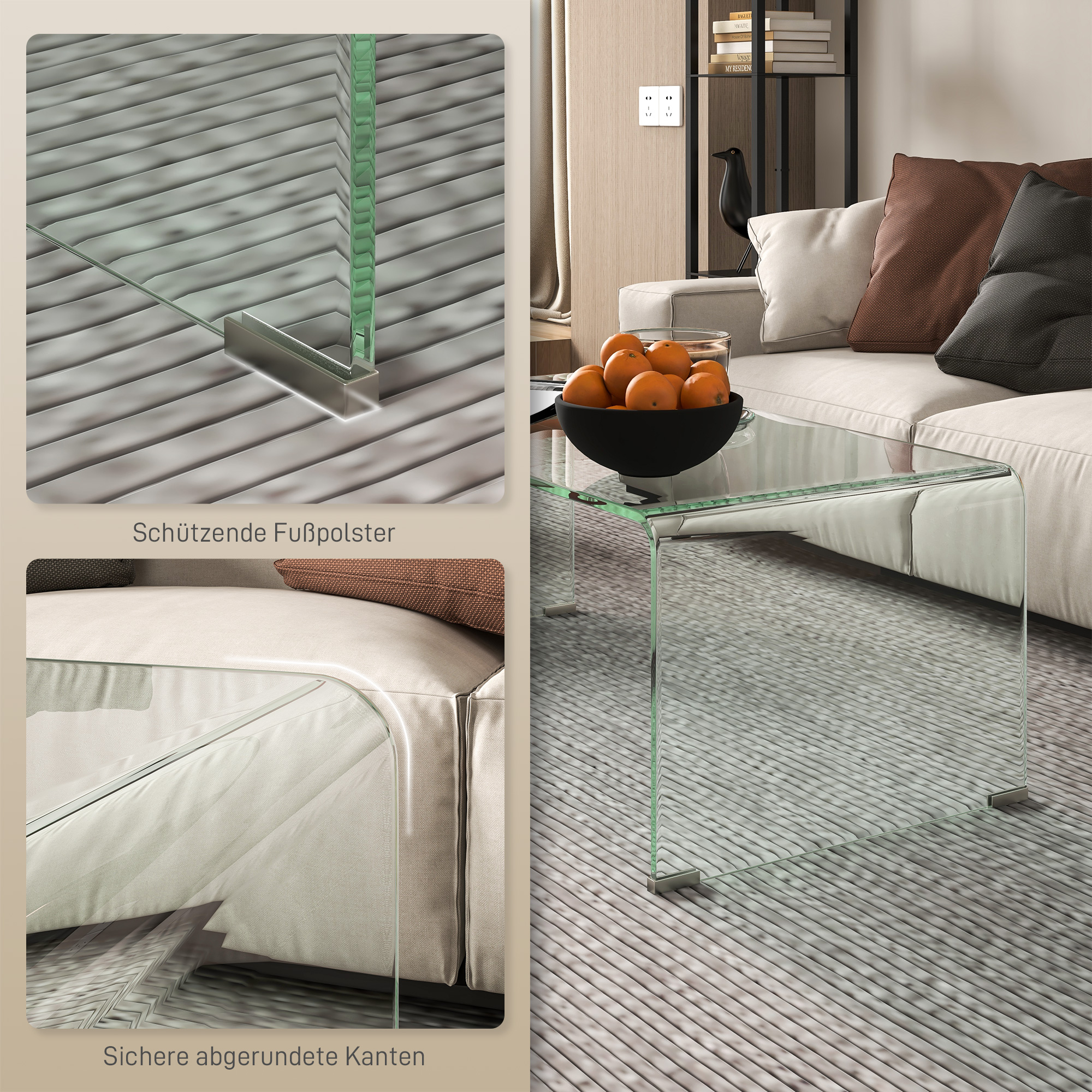 Stabiler Couchtisch aus Glas, einteiliges Design, schlicht und modern, 80 x 45 x 35 cm, Transparent