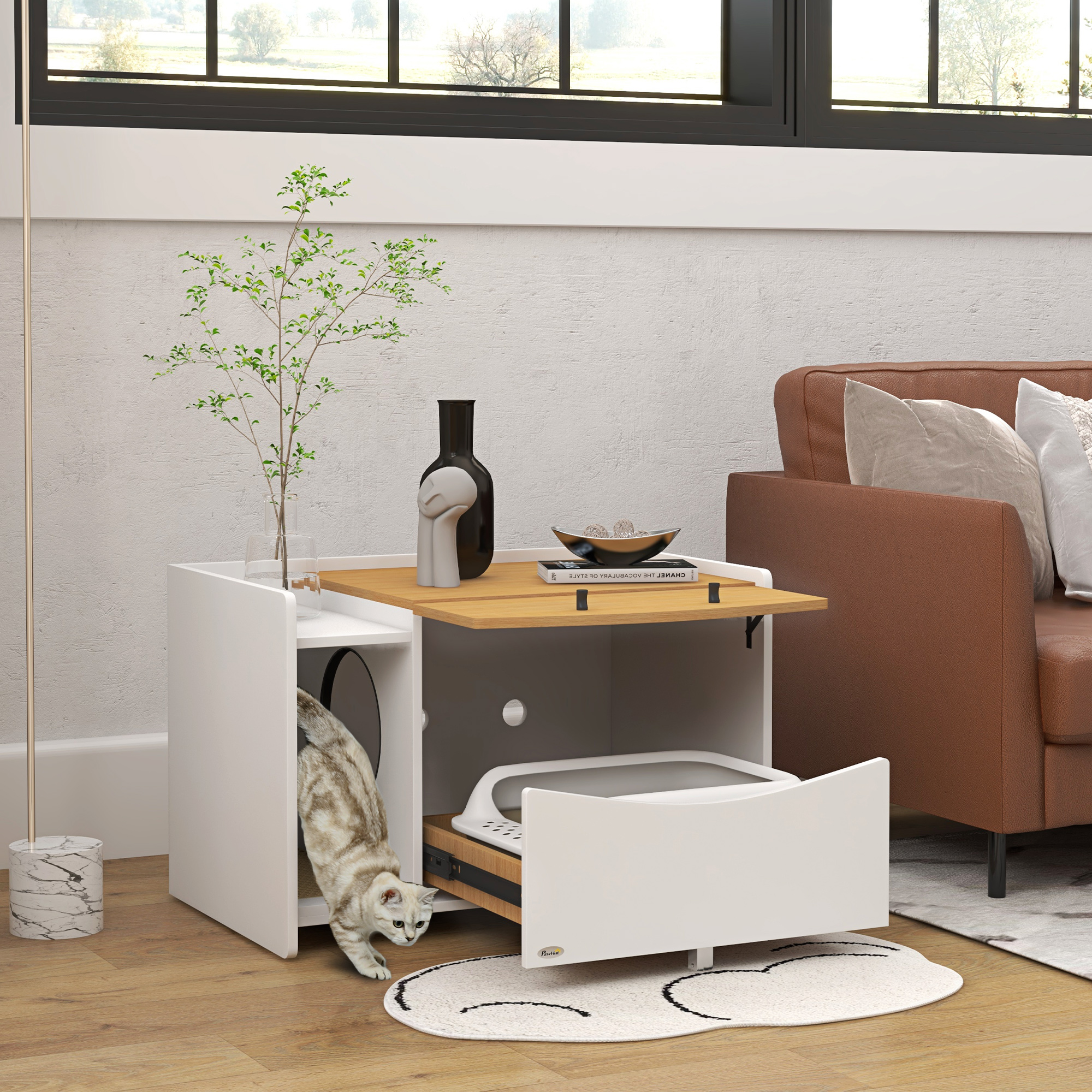 Katzentoilette, ausziehbar, Schrankdesign, Streufach, 78x50x51cm, Eiche/Weiß