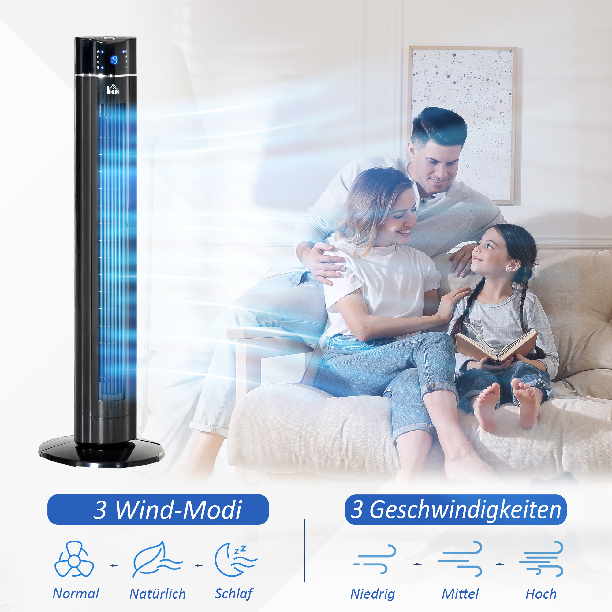 2in1-Turnmventilator Standventilator Ventilator, 32 cm x 32 cm x 106,8 cm, Schwarz