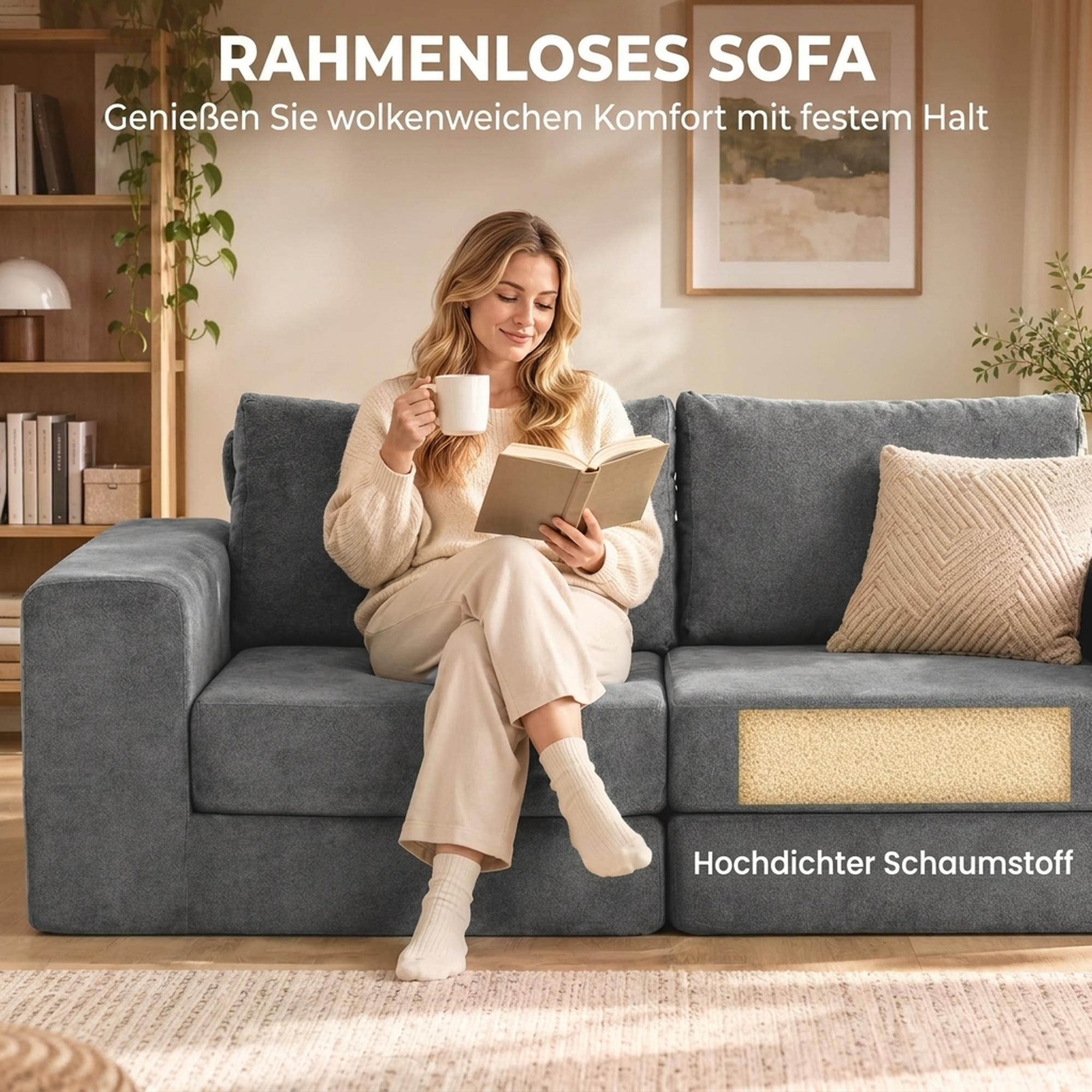 Schlafsofa 4-in-1 Schlaffunktion ausziehbar Klappsofa Kissen 2 Sitzer Grau