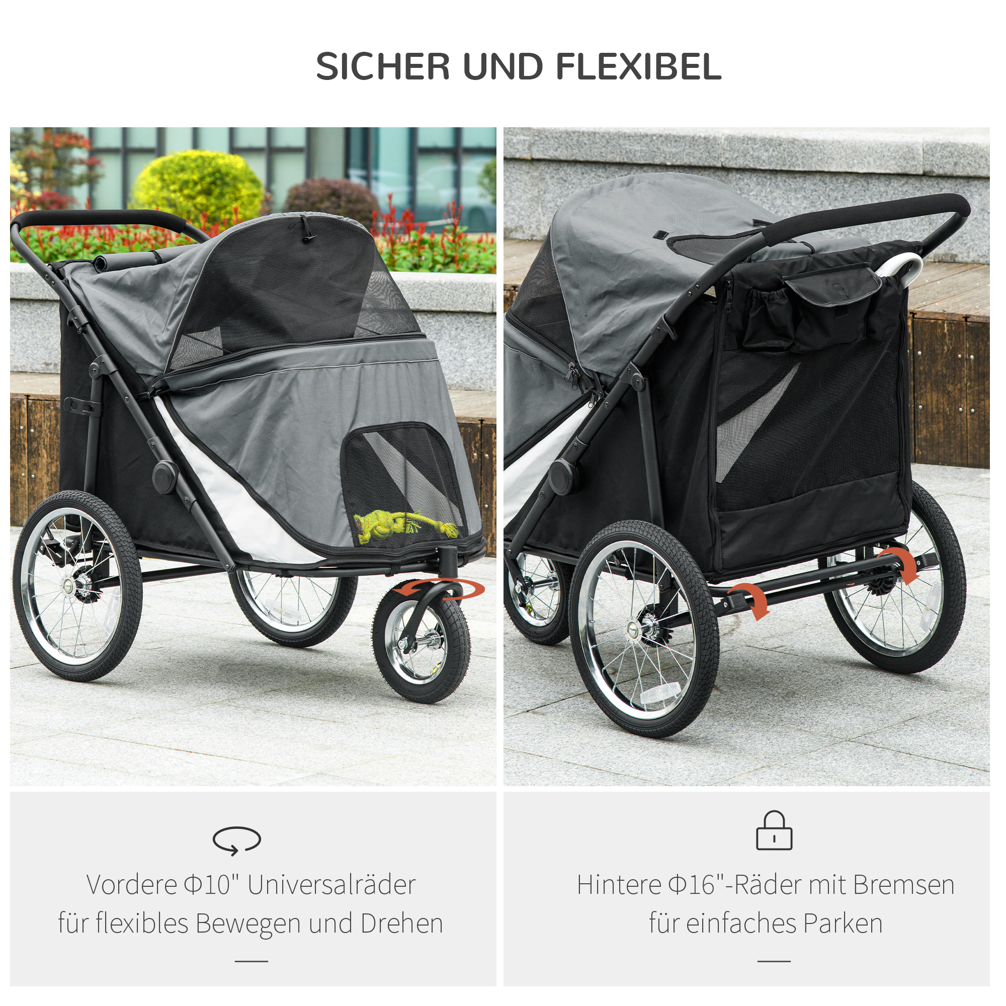 Hundebuggy, faltbar, aufklappbar, Liegekissen, Stahlrahmen, Grau/Schwarz