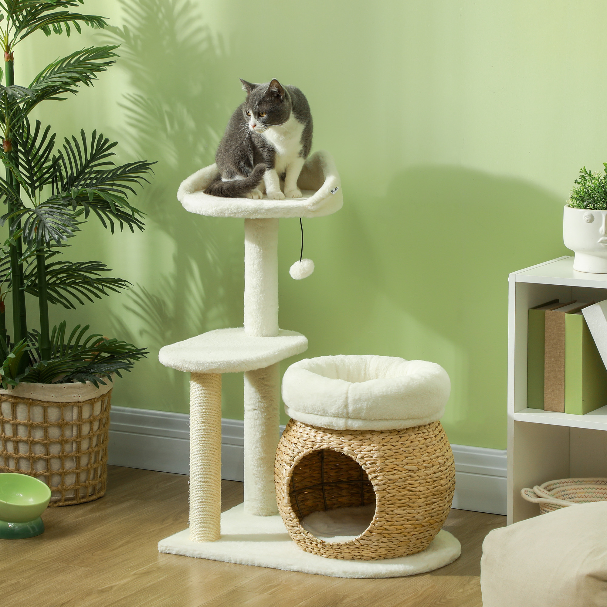 Kratzbaum mit Katzenhöhle, Spielball und Plattform, Schilfrohr/Sisal, bis 10 kg, 60 x 40 x 79 cm, Cremeweiß