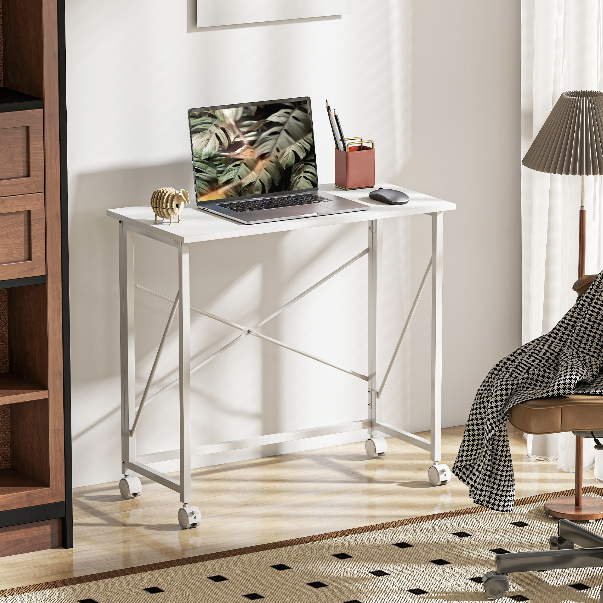 Schreibtisch mit Rollen, faltbarer Bürotisch mit Stahlgestell für Arbeitszimmer Schlafzimmer 80 x 40 x 75 cm Weiß