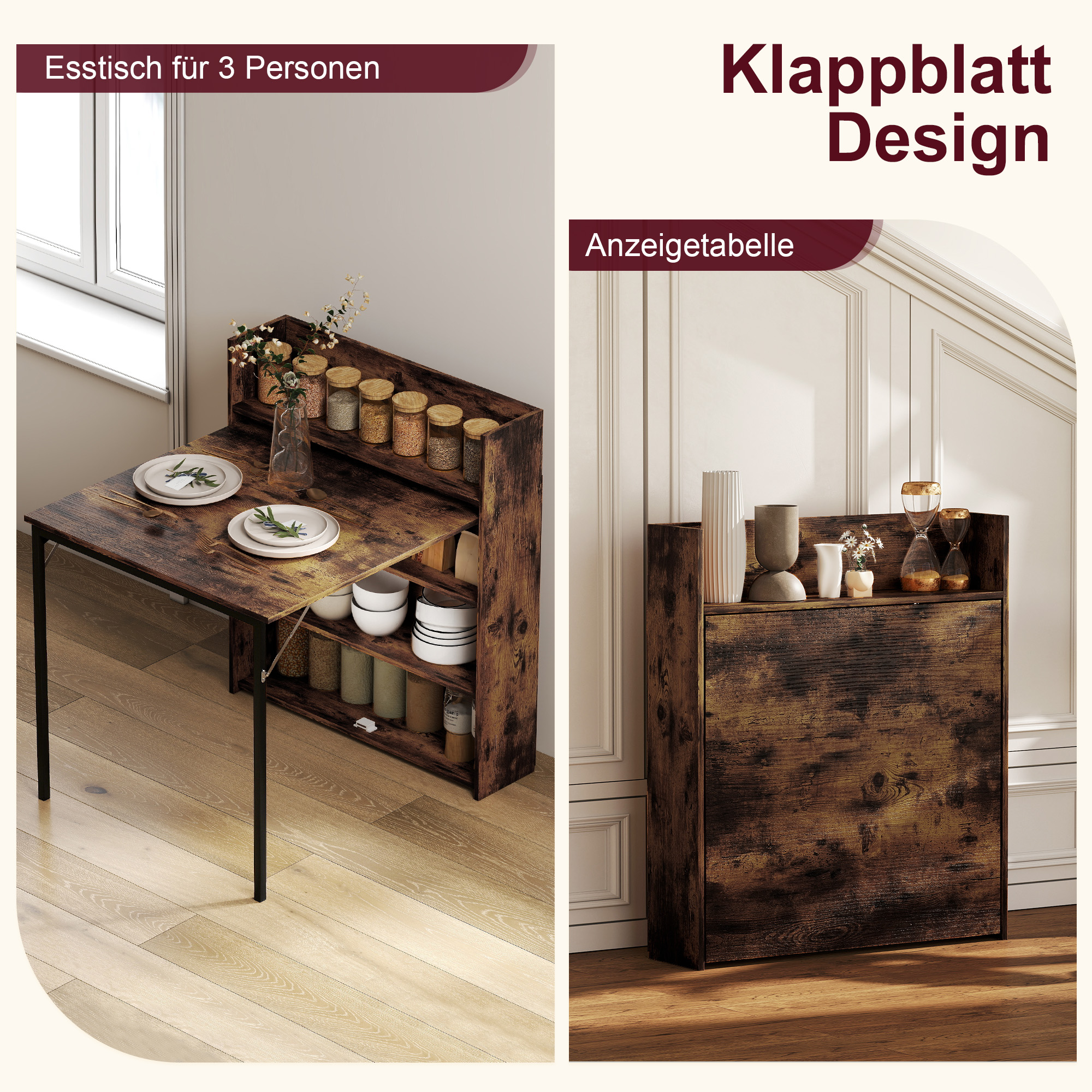 Esstisch, klappbar mit Regal, Industrie-Design, Platzsparend, Für Kleine Räume, 80x90x93cm, Rustikal-Braun