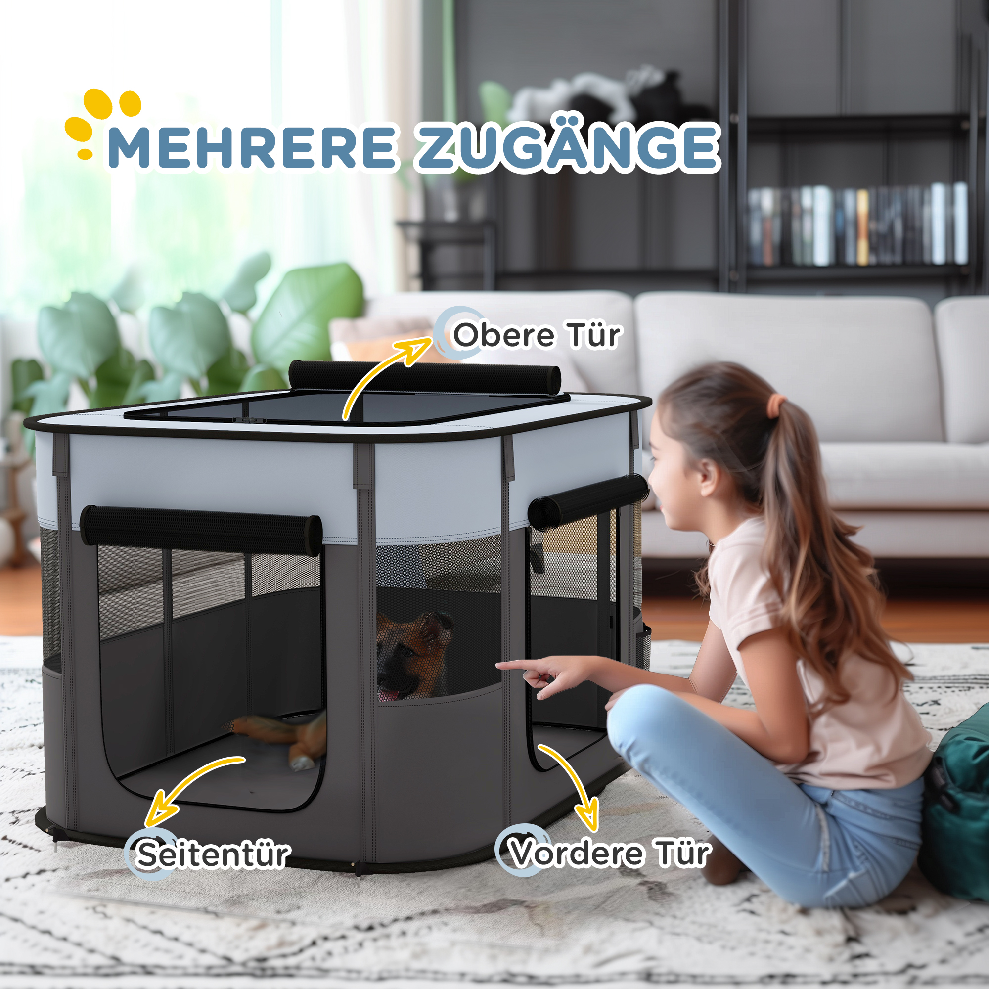 Spielgehege für Haustiere, faltbar, mit Aufbewahrungstasche, für Welpen und Kätzchen, drinnen und draußen, Grau