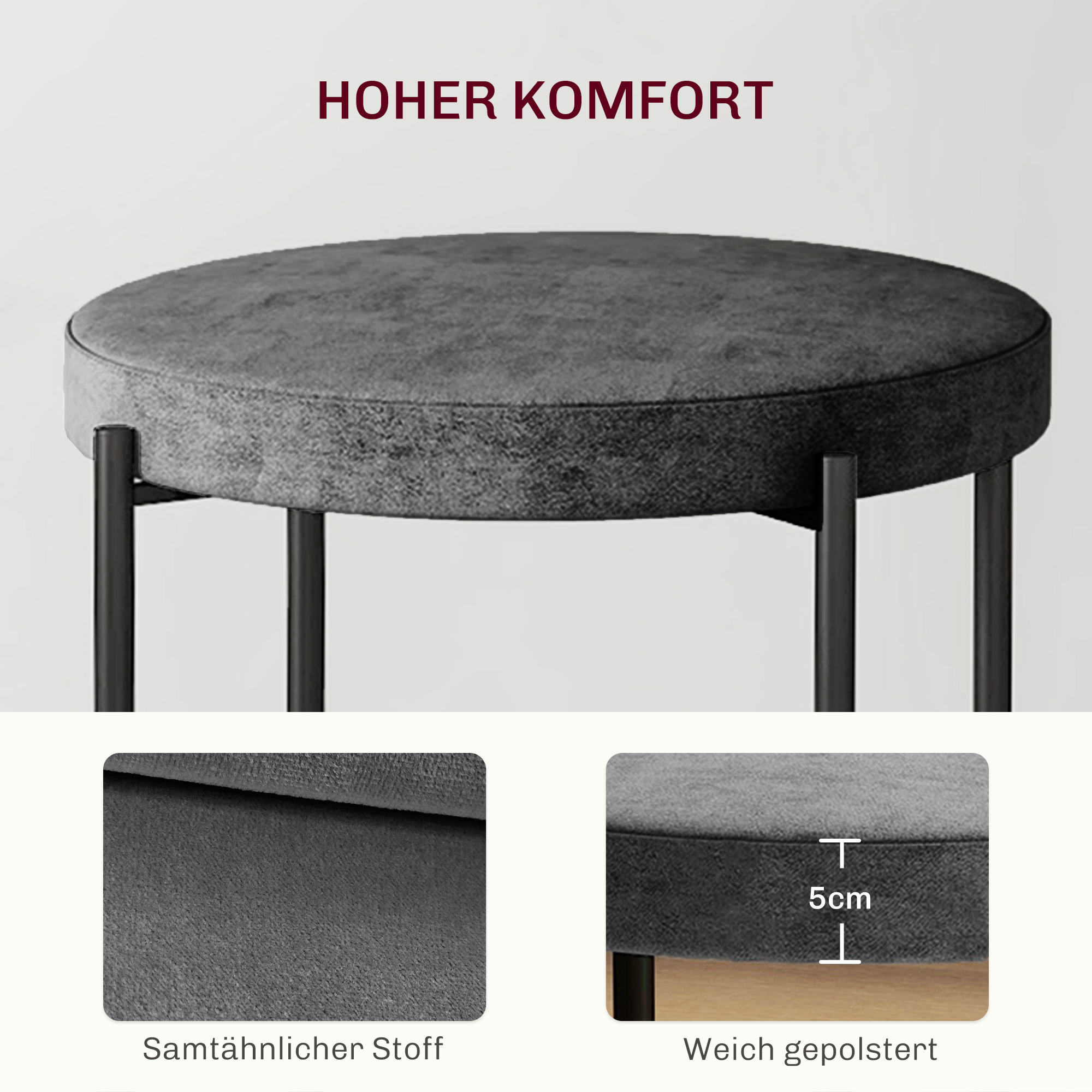 Küchenhocker 4-er Set, stapelbar, Samtoptik, bis 100kg, Stahlrahmen, 41,5 x 41,5 x 46 cm, Dunkelgrau